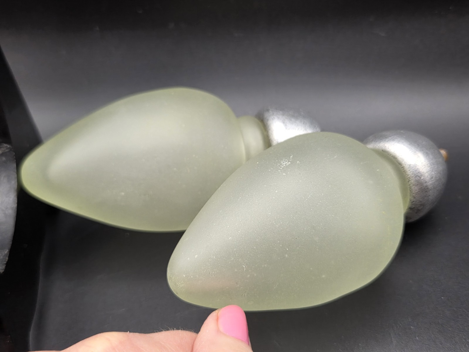 2 Pottery Barn Frosted Green Glass Pewter Style Curtain Rod Finials