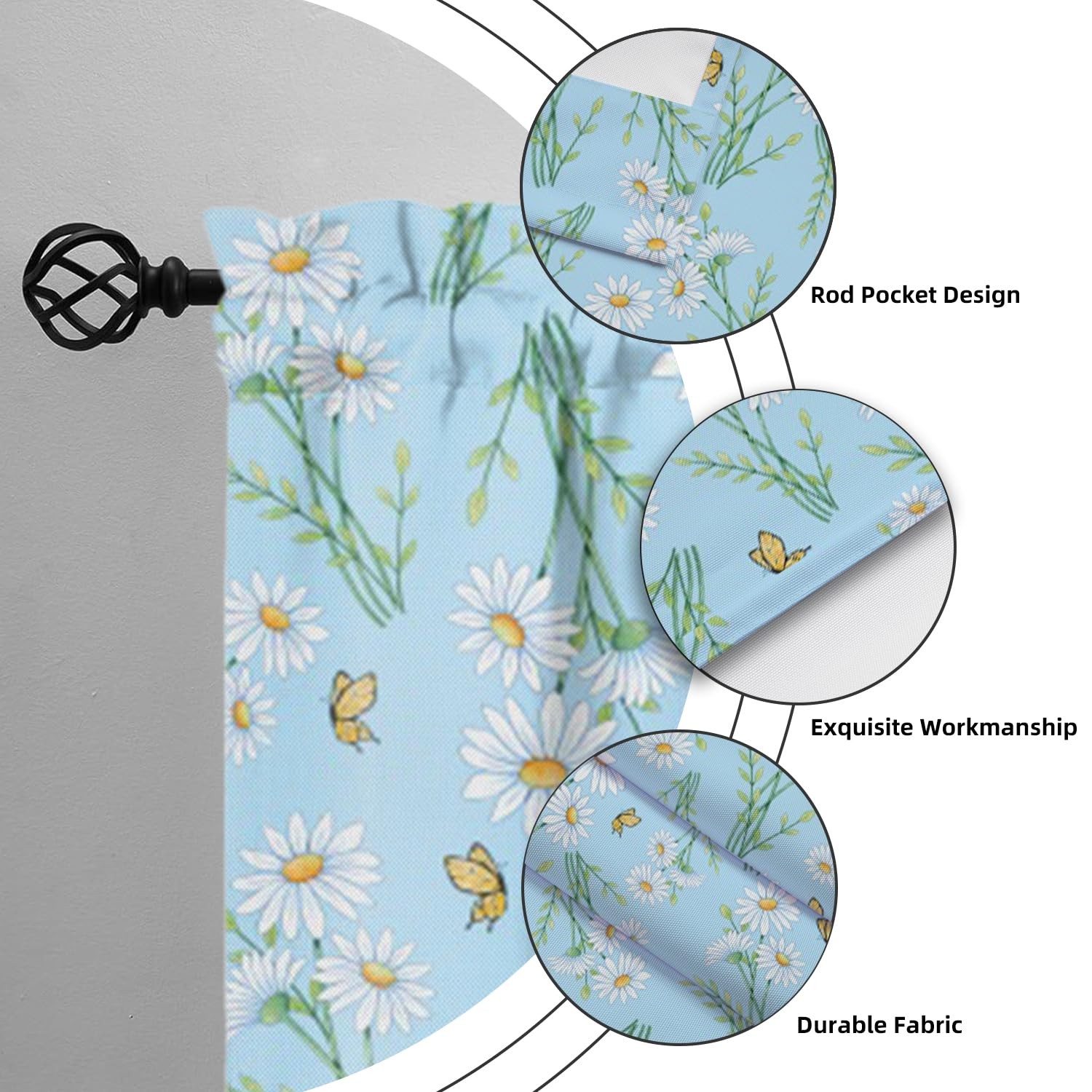 Blue Curtain Valance for Windows Watercolor Daisy Flowers Butterflies Window …