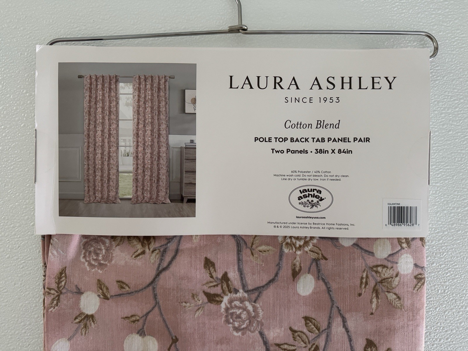 NIP Laura Ashley Window Curtains 2 Panels 38 x 84 Birds Rose Pink Brown Back Tab