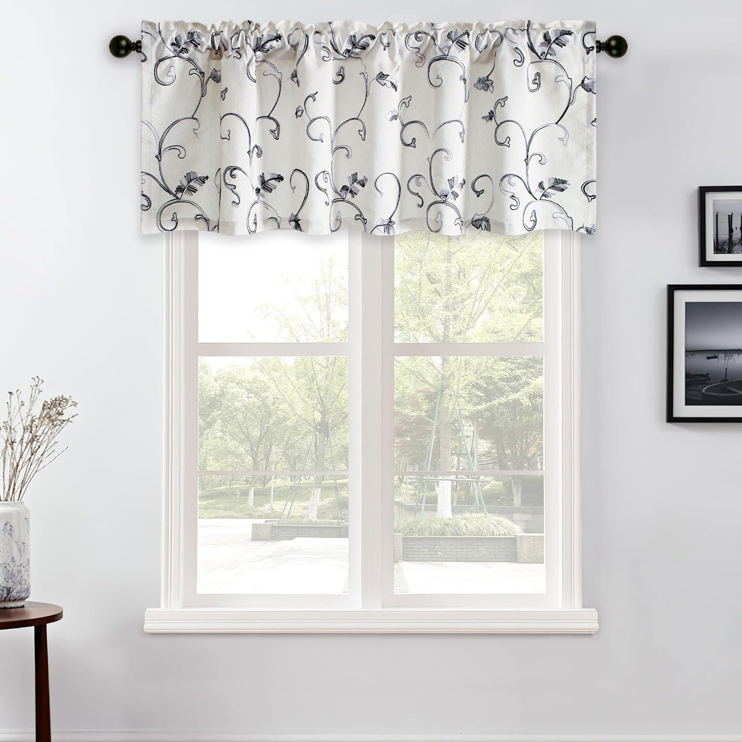 Embroidered Vines Drapes & Valances Set for Living Room & Kitchen, 52×96/52×18