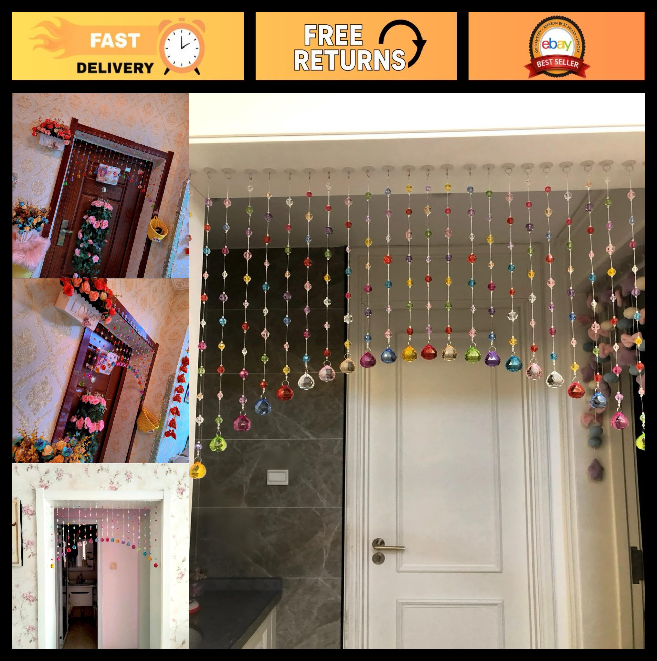 Multicolor Crystal Beaded Curtain, Acrylic Ball Door Decor, Rainbow String Room