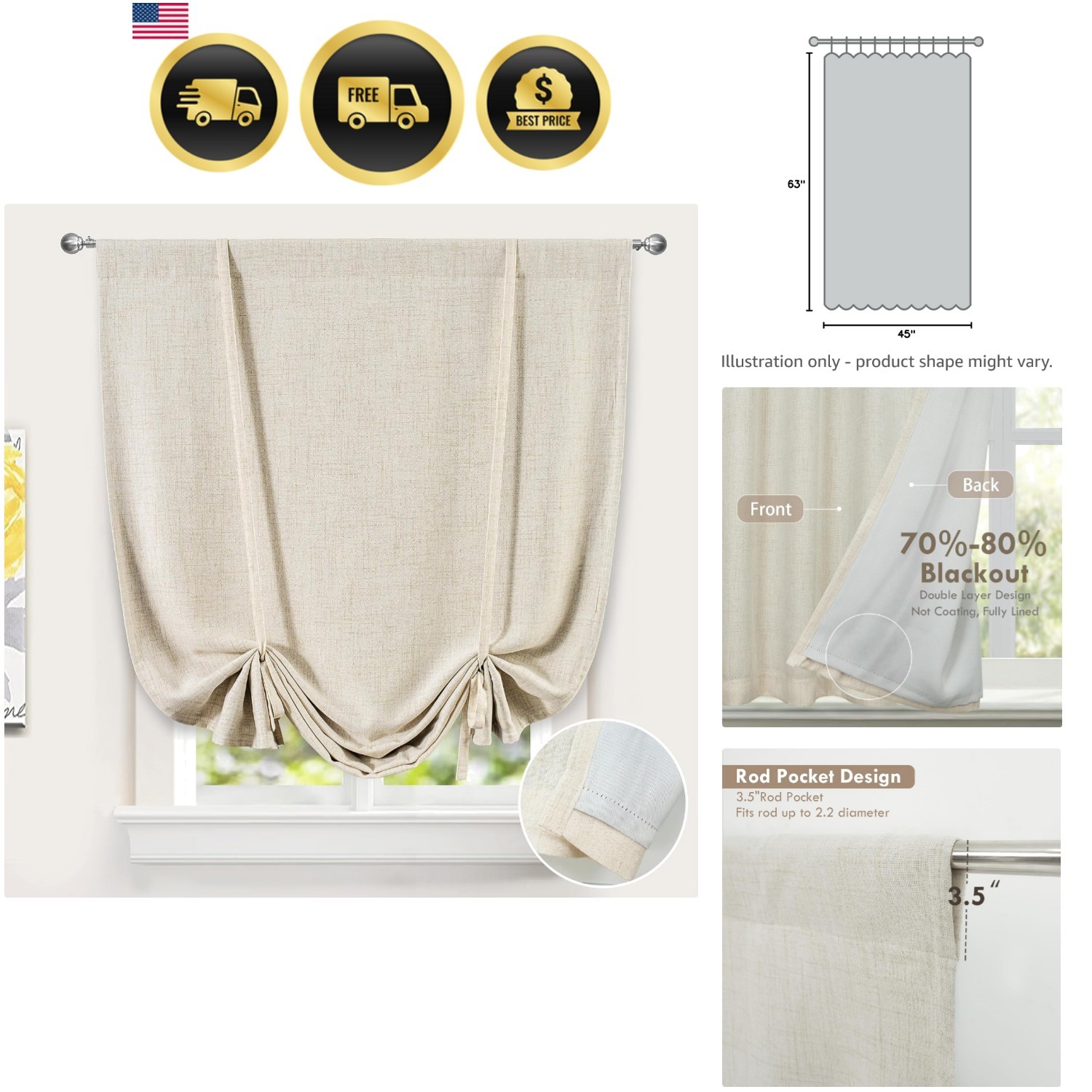 Double Layer Linen Blackout Tie Up Curtains Thermal Insulated Fully Lined Bal…