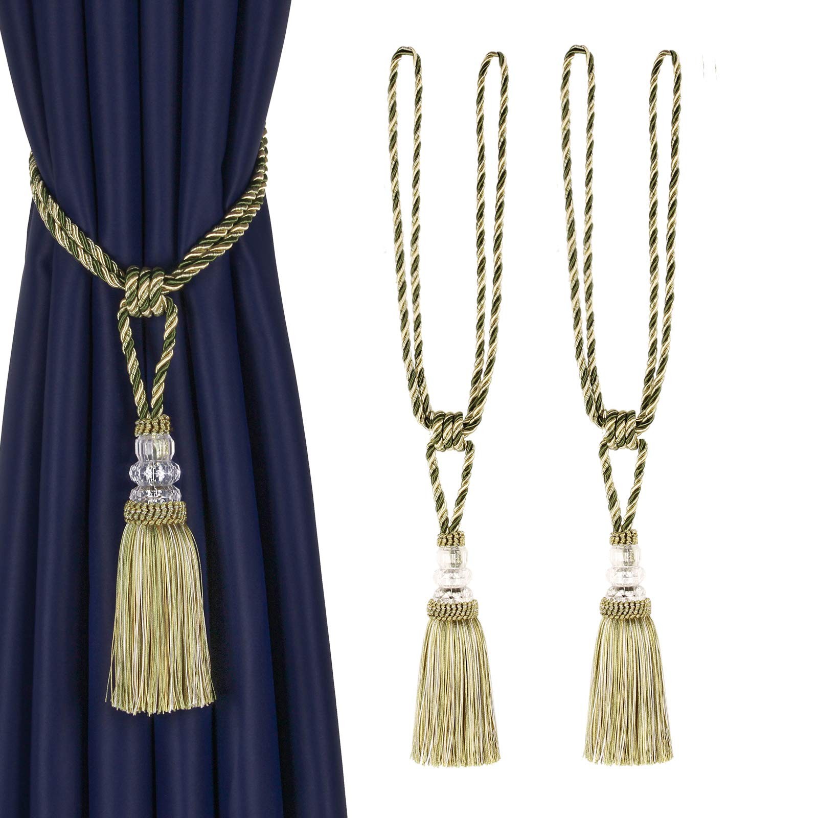 2 PCS Curtain Tiebacks Hand Woven Crystal Holdbacks Home Tassels Mix Green