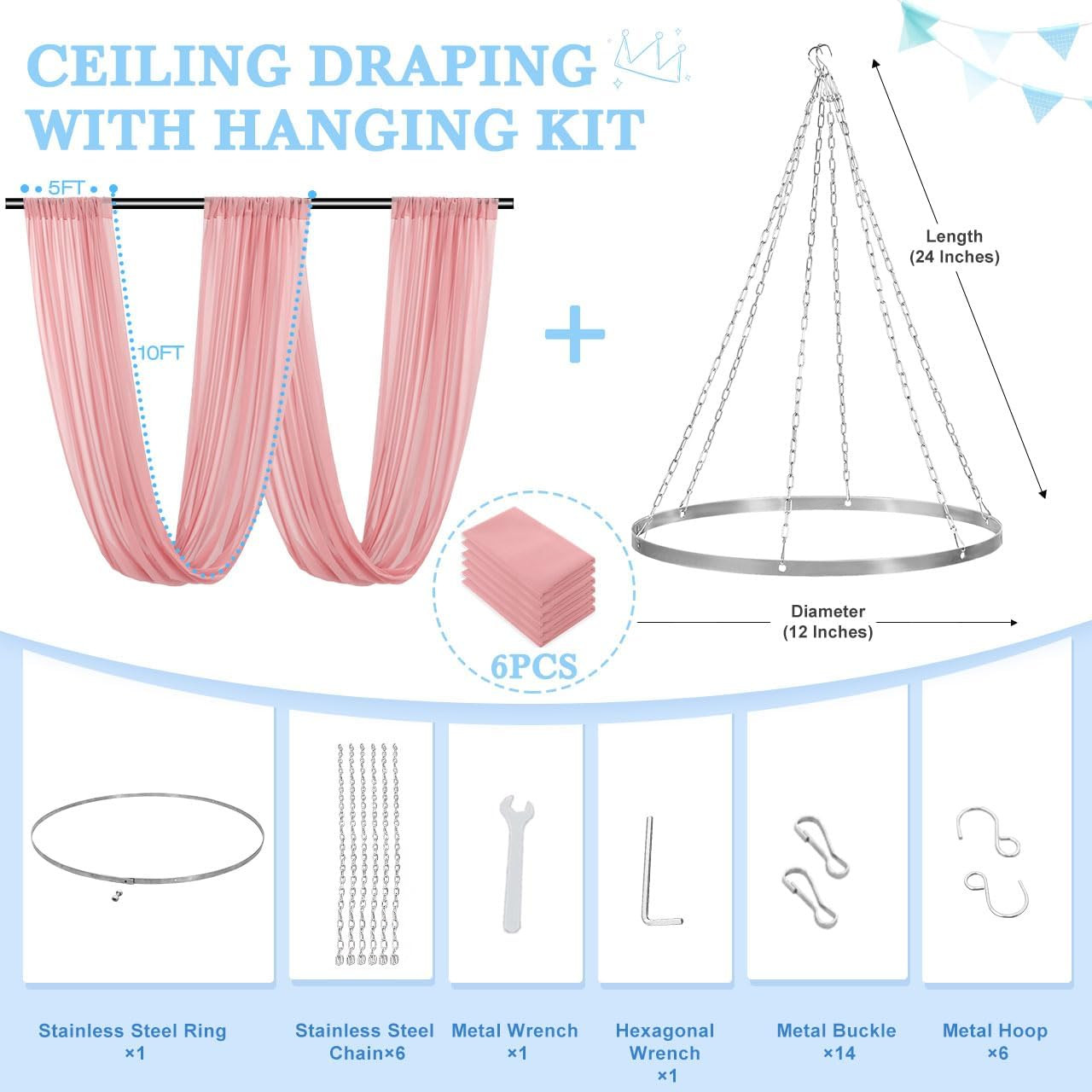 Dusty Rose Ceiling Drapes Kit for Weddings – 6 Pack Chiffon 5x10ft