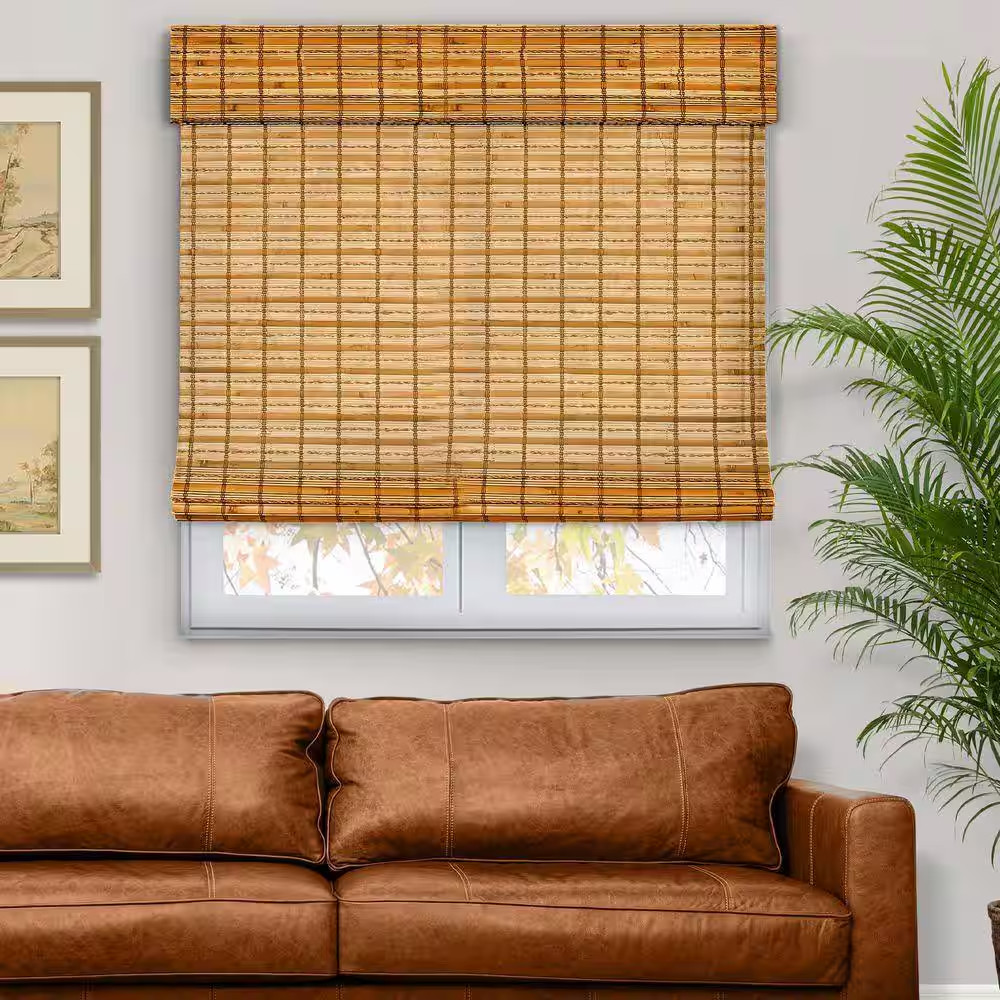 Natural Woven Light Filtering Cordless Bamboo Roman Shades for Windows, 27 In. W