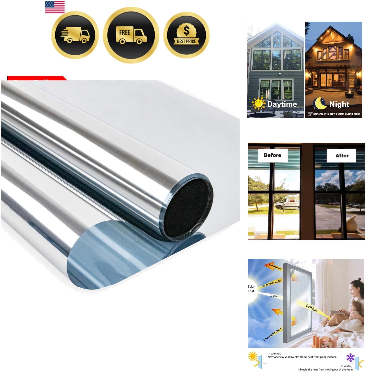 Window Privacy Film One Way See Out Not in, Daytime Mirror Effect Self Adhesi…