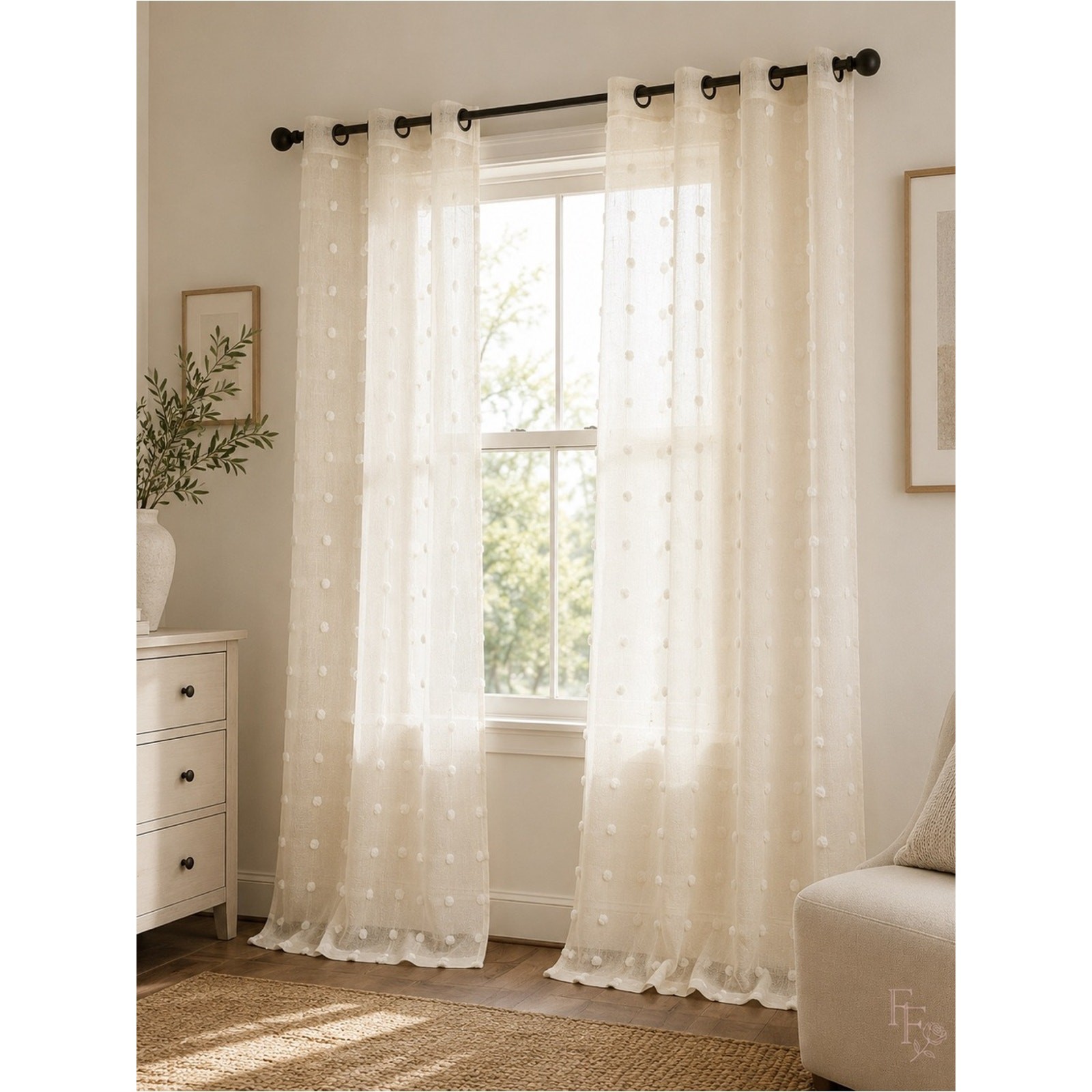 Boho Ivory Sheer Pom Pom Curtain Panels Set of 2 38” x 84” Grommet Top