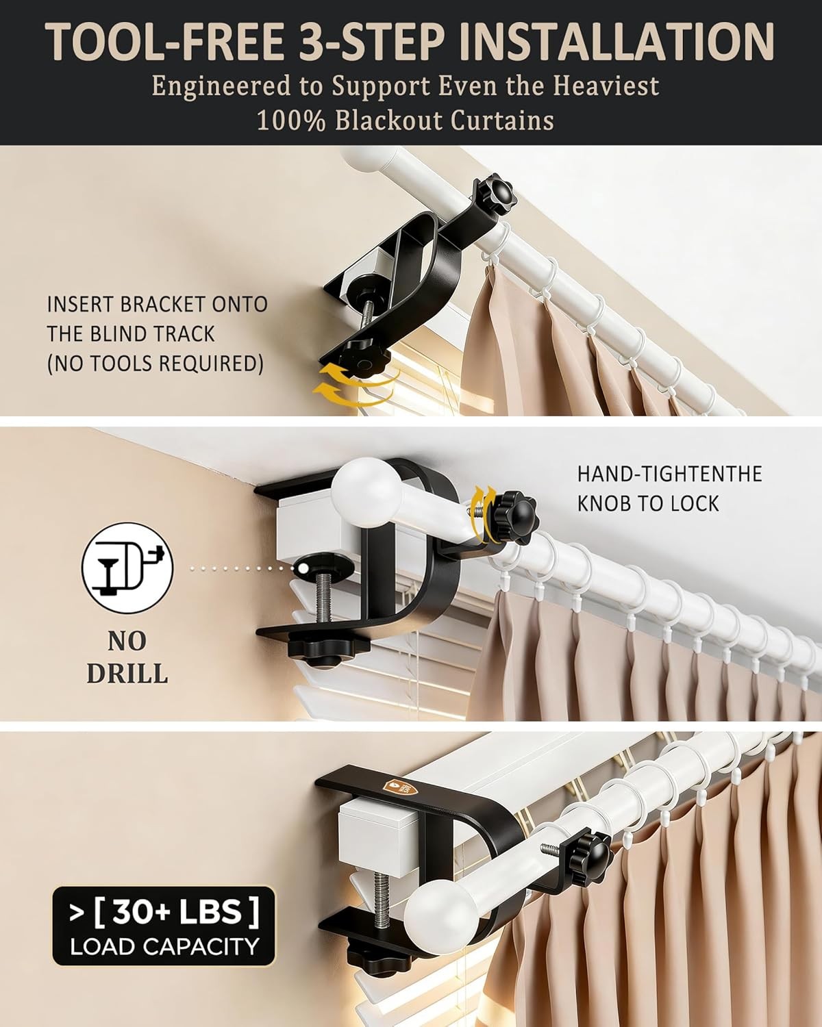 No Drill Curtain Rod Brackets Inside & Outside Mount [Patented] Adjustable Fits