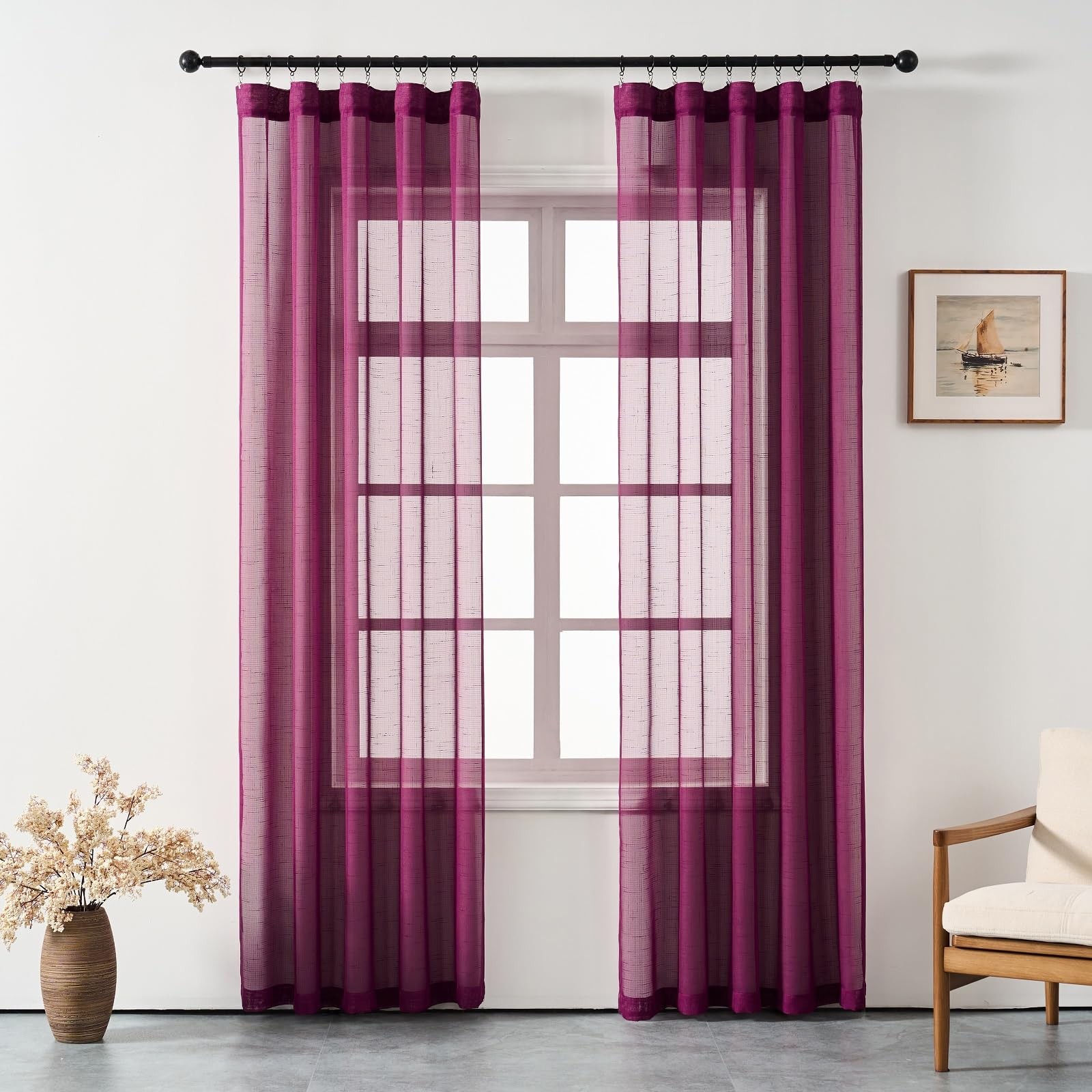 Ftinala Plum Purple Sheer 96 Inches Long Dark Linen Look Textured Light