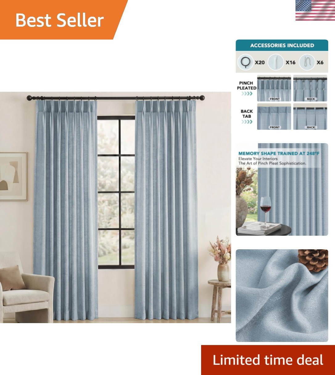 Light Blue Linen Curtains 102 Inches Long for Living Room Pinch Pleated Drape…