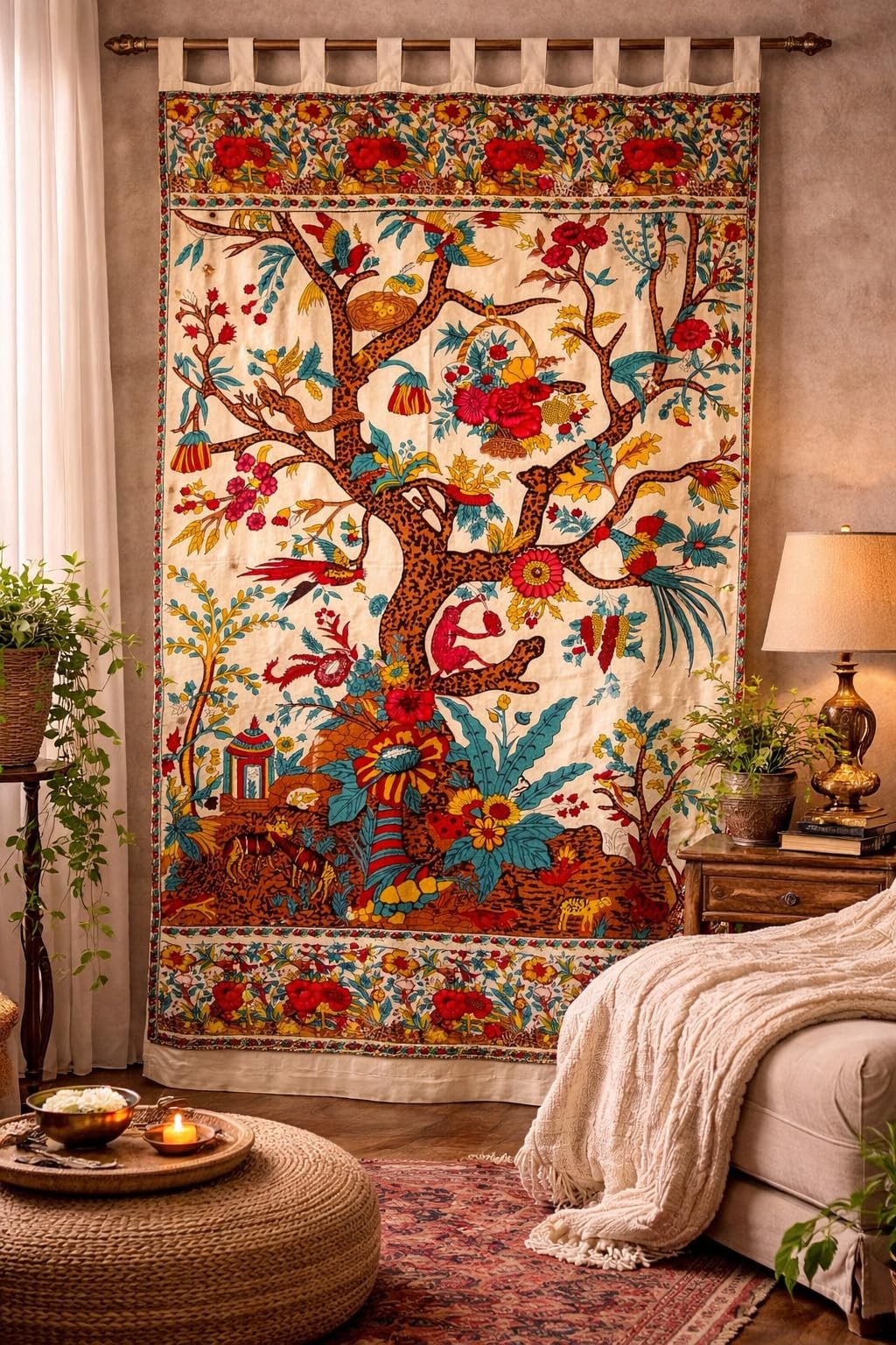 Tree of Life Tab Top Curtain Drape Door Panel 44 x 88 Inches Cream 100% Cotton