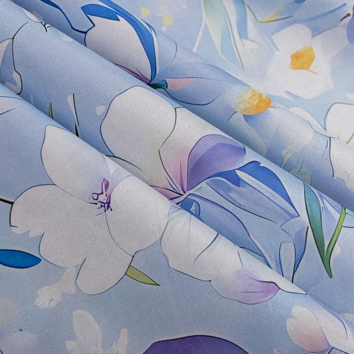 White Floral Blackout Curtains Grommet Top Drapes, 2 Panels, Blue, 52x84inch