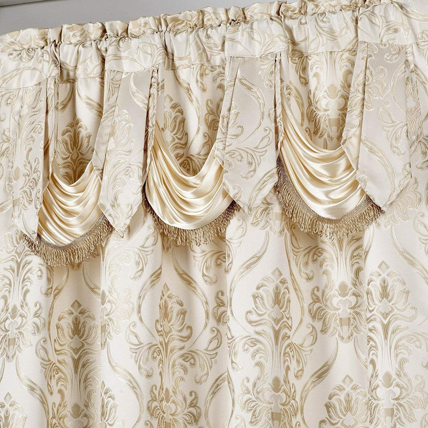 Set 2 Solid Beige Fringe Damask Curtains Panels Drapes Valance 63 84 96 inch L