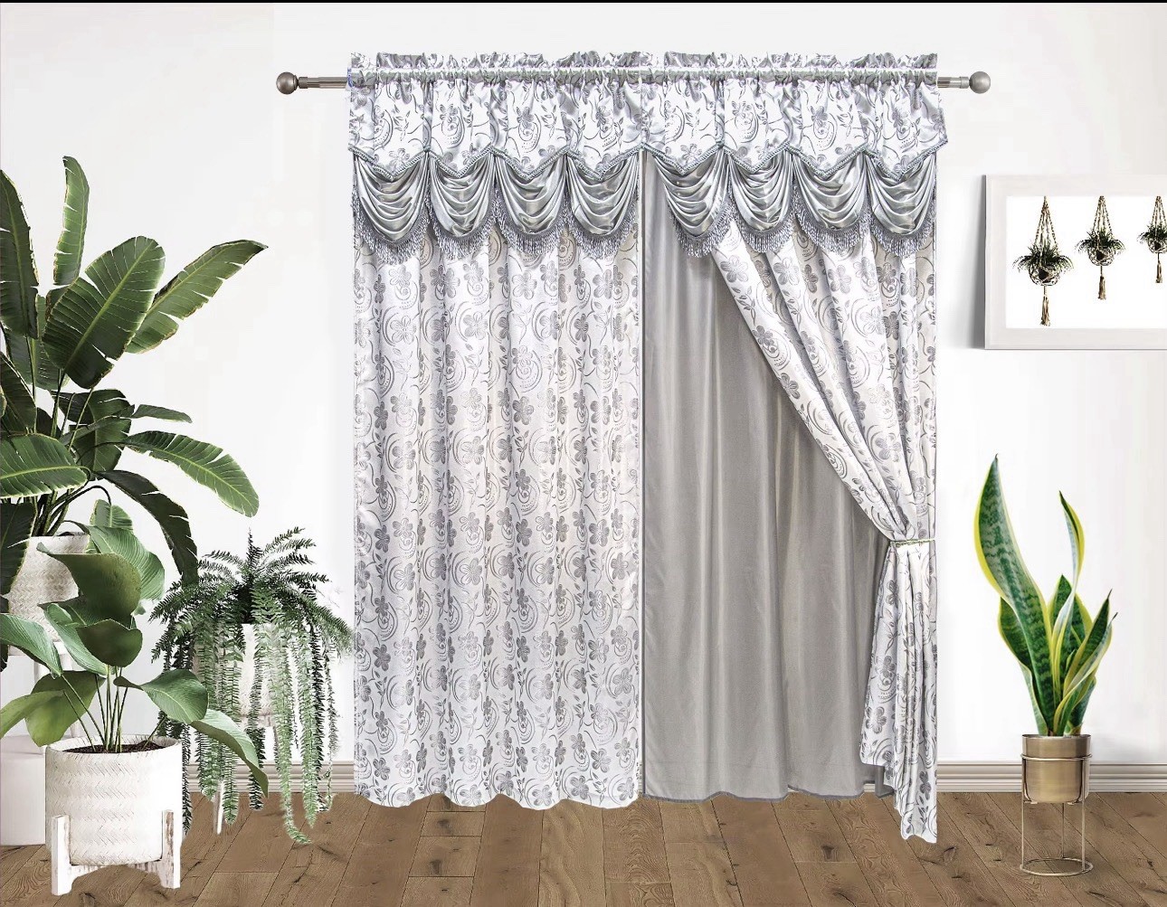Jacquard Panel Curtains with Attached Valance, Multi-Color, 2 Piece Set