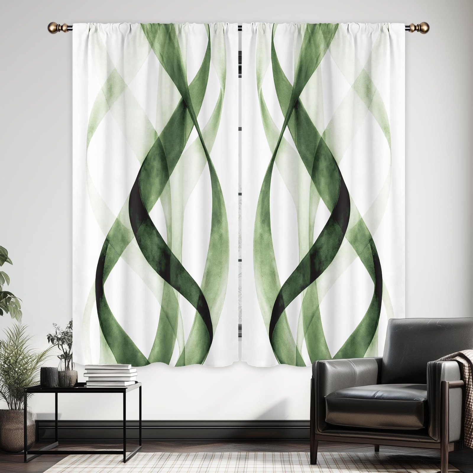 Green Striped Curtains 42Wx63H Inch Modern Abstract Geometric Sage Spiral Con…