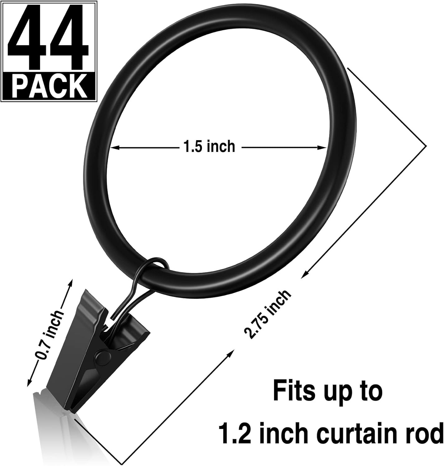 44Pcs Curtain Rings with Clips Hooks 1.5 Inch Rustproof Matte Metal Stainless St