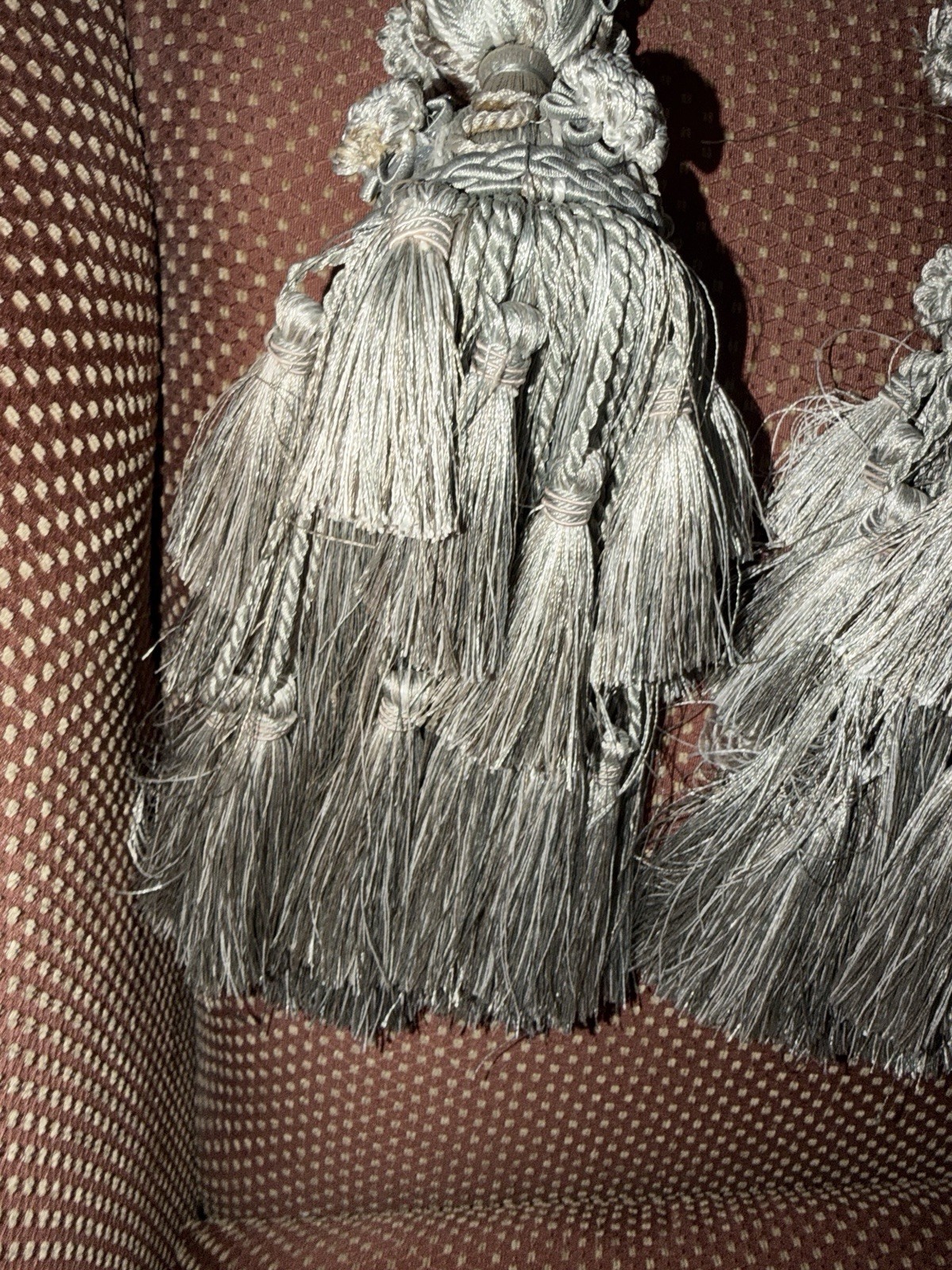 Two Double Tassel Complex Vintage Look Drape Tiebacks. Sage, Cream, Taupe