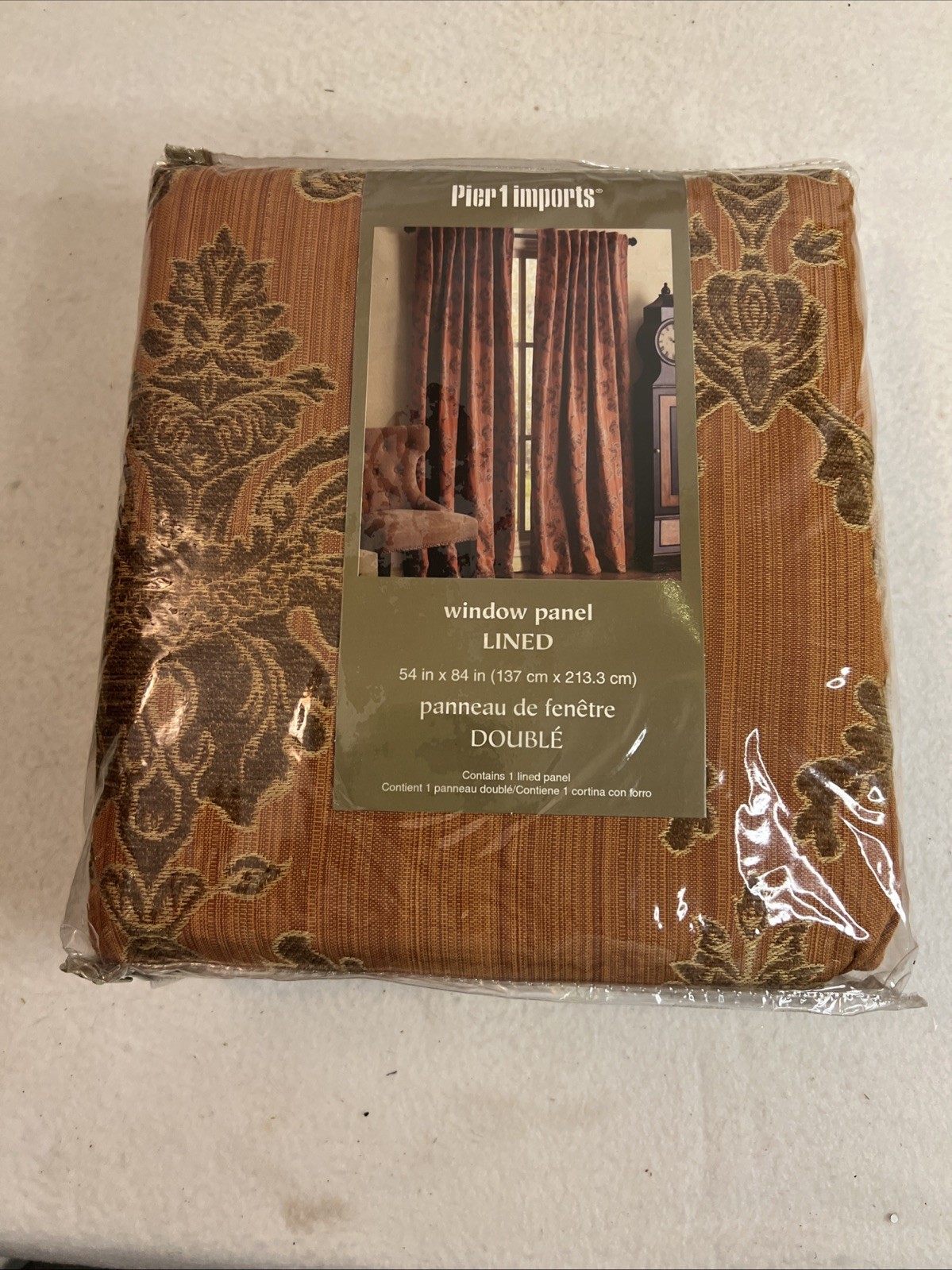 Vtg Pier 1 Imports Lined Window Panel Burnt Orange with Maroon Fleur De Leis