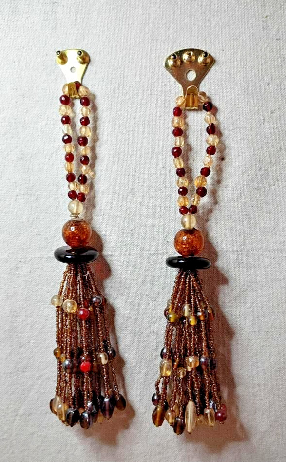 Two Gorgeous Vintage 9” Beaded Curtain Tie Back Tassel Brown/Black Orange