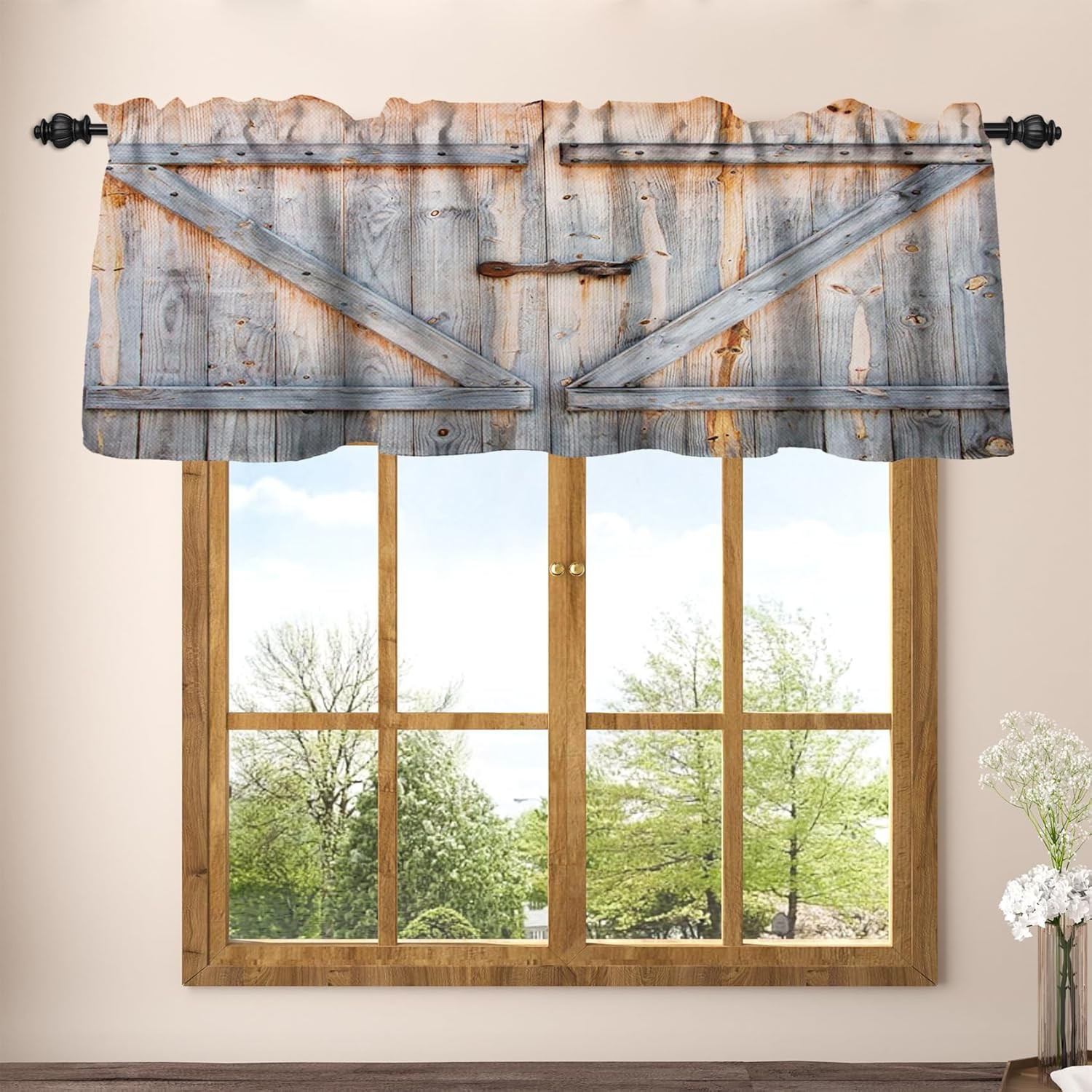 42 X 18 Inch Brown Barn Door Kitchen Valance Curtains Western Country Wooden Far