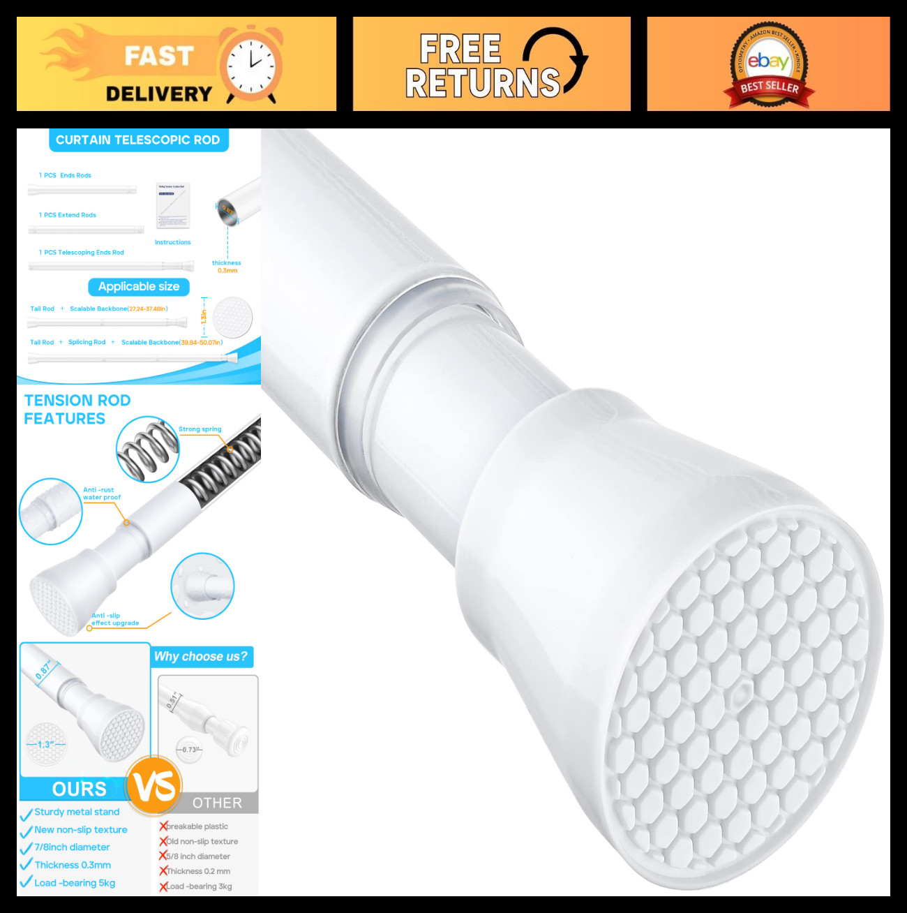 Adjustable White Tension Curtain Rod 28-48″ – No Drill, Expandable, 7/8″ for Win