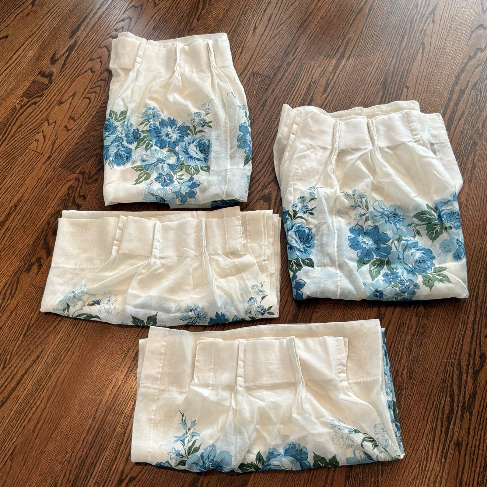 Set of 4 VTG 70s Blue Boho Floral Curtain Panels 82″ Cottagecore Grandma READ