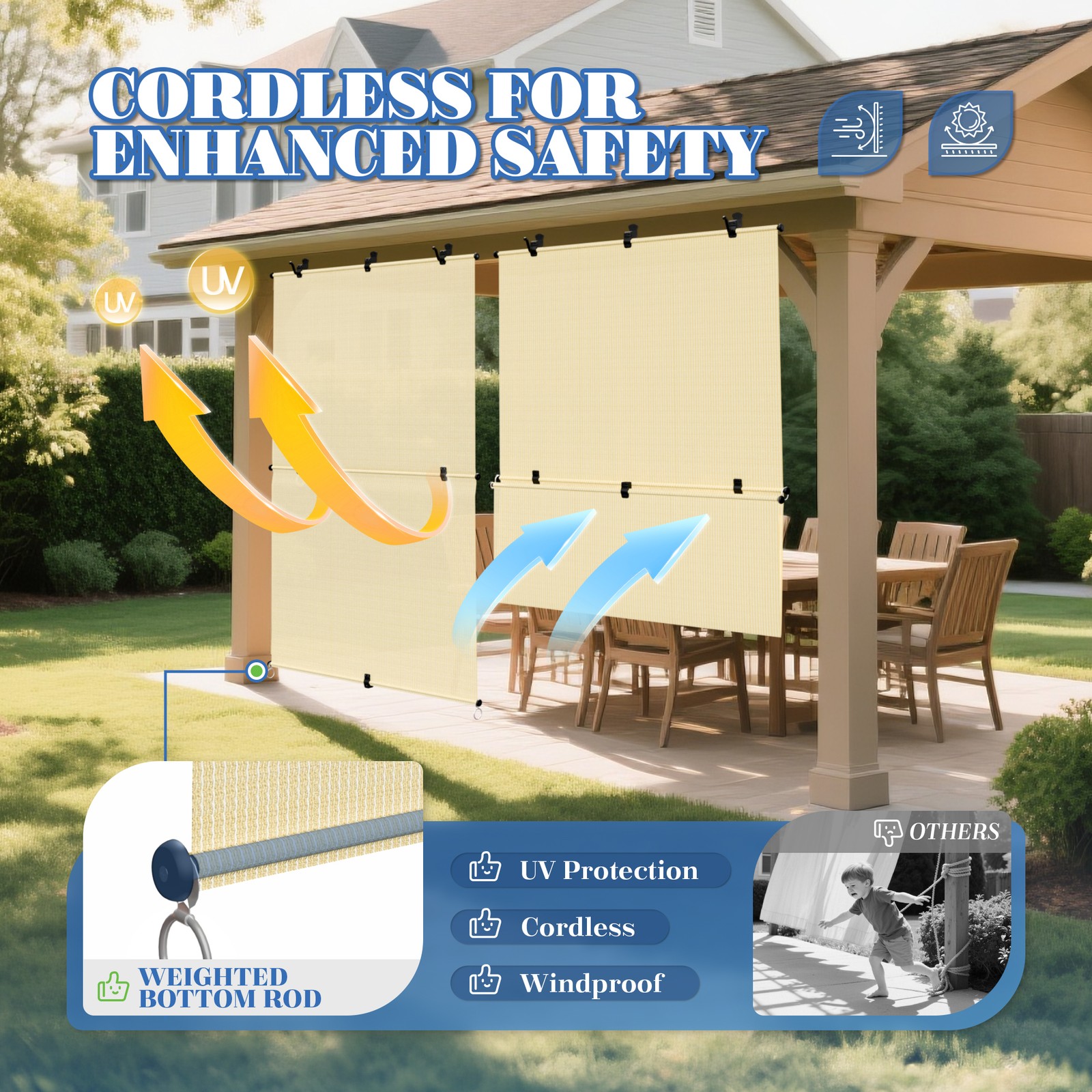 Foldable Roller Shade UV Roll Up Blind for Patio Deck Gazebo Porch Beige Custom