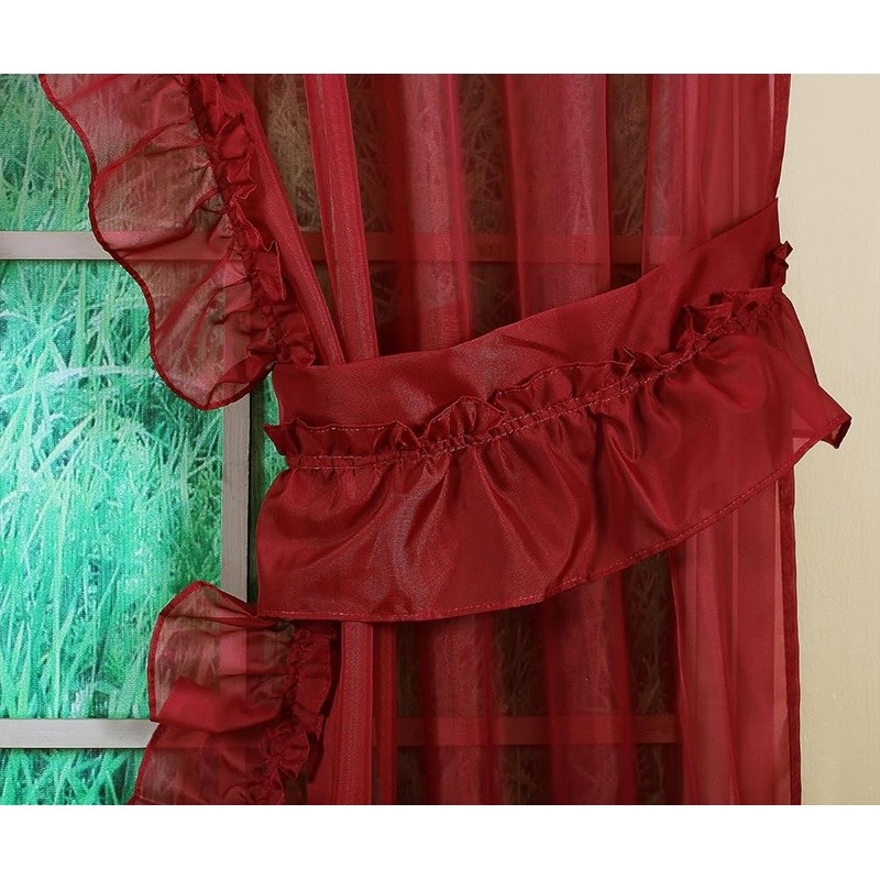 Premium Voile Sheer Ruffled Curtain Set W/ Tiebacks Valance 2 Panels 5 Pieces US