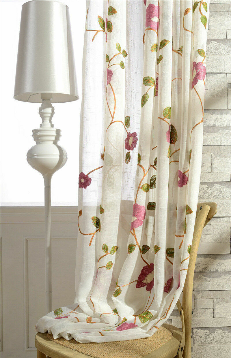 Floral Window Sheer Curtain Pastoral Embroidered Voile Tulle Rod Pocket 1 Panel