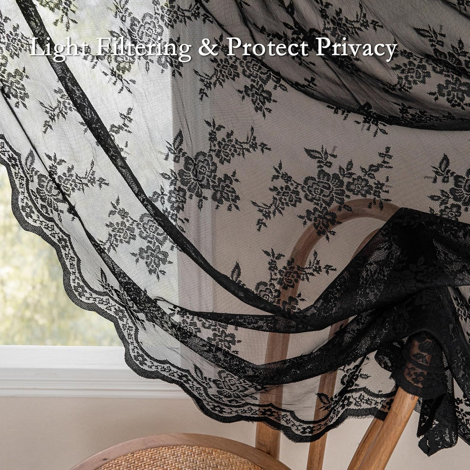 Black Lace Curtains 63 Inch Length 2 Panels Set, Victorian Vintage Gothic Sheer