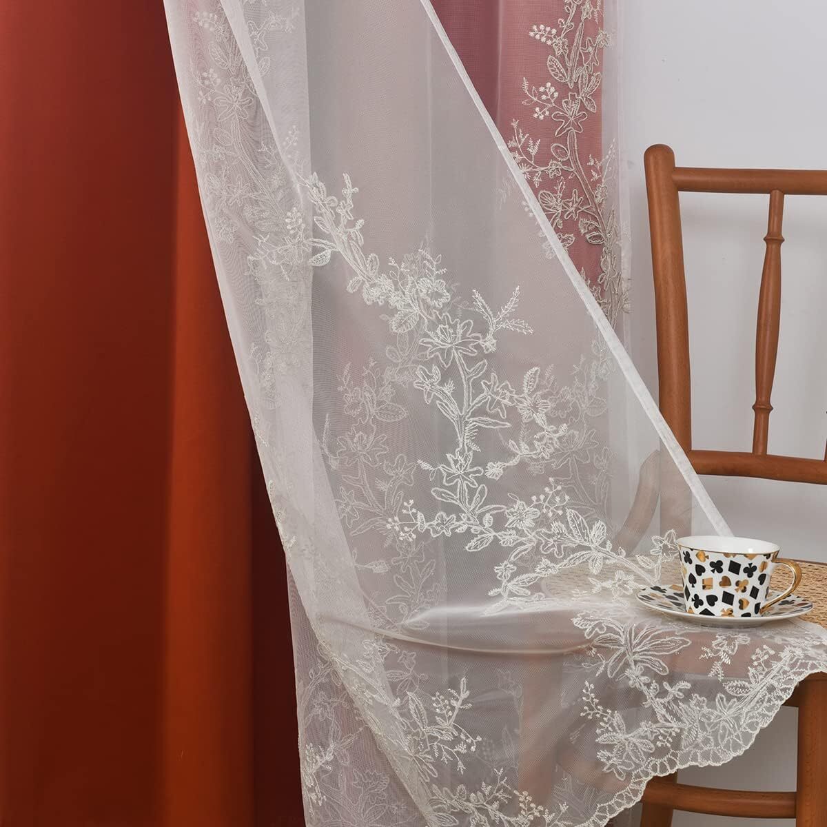 2Panels Double Layer Curtains with Embroiered Sheer, Grommet 52x84inch,Tangerine