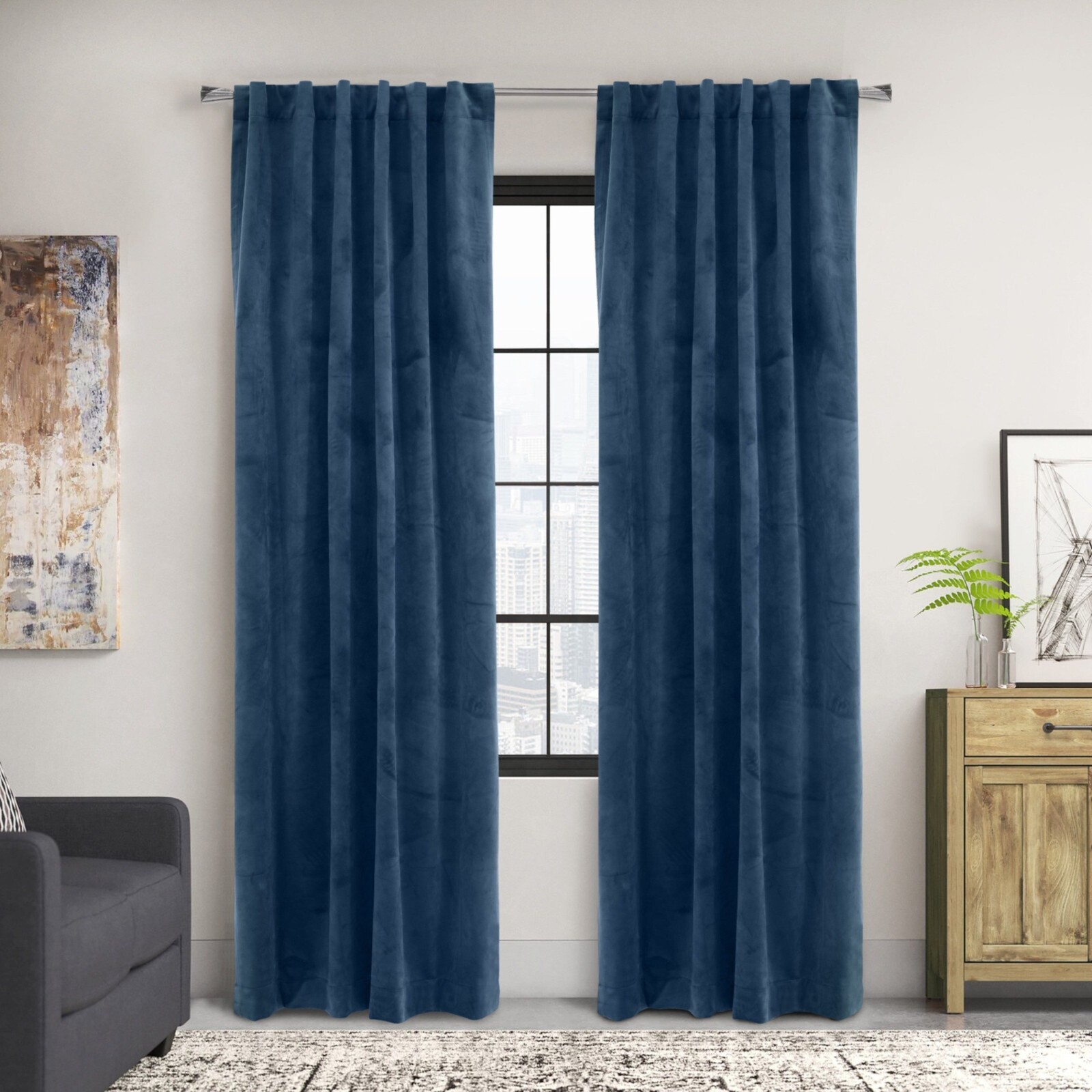 Seren Dark Blue Velvet 50 in. W X 63 in. L Curtain Panel
