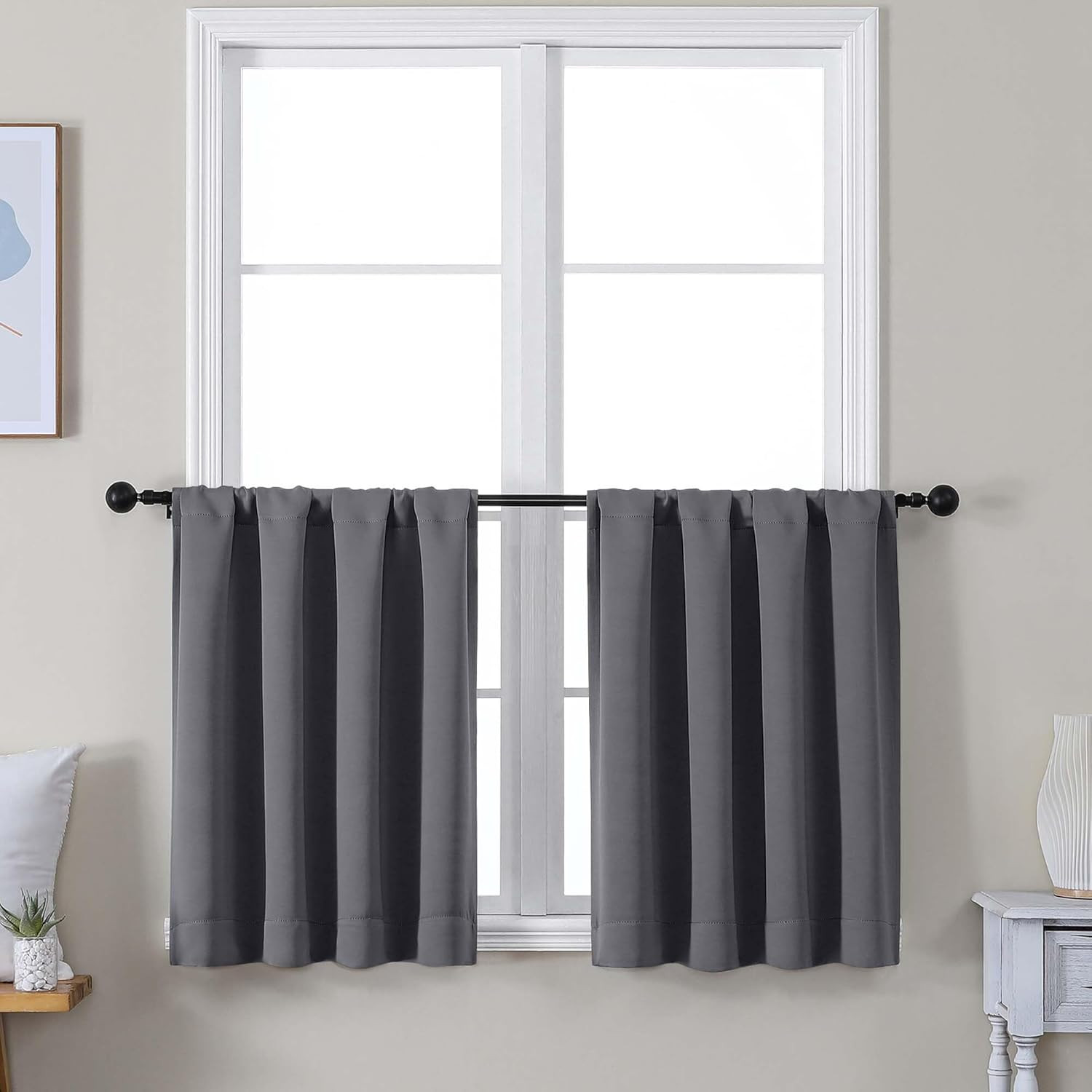 Ava Grey Short 24 Inches Blackout Curtain 2 Panels Set, Half Window Rod Pocket P