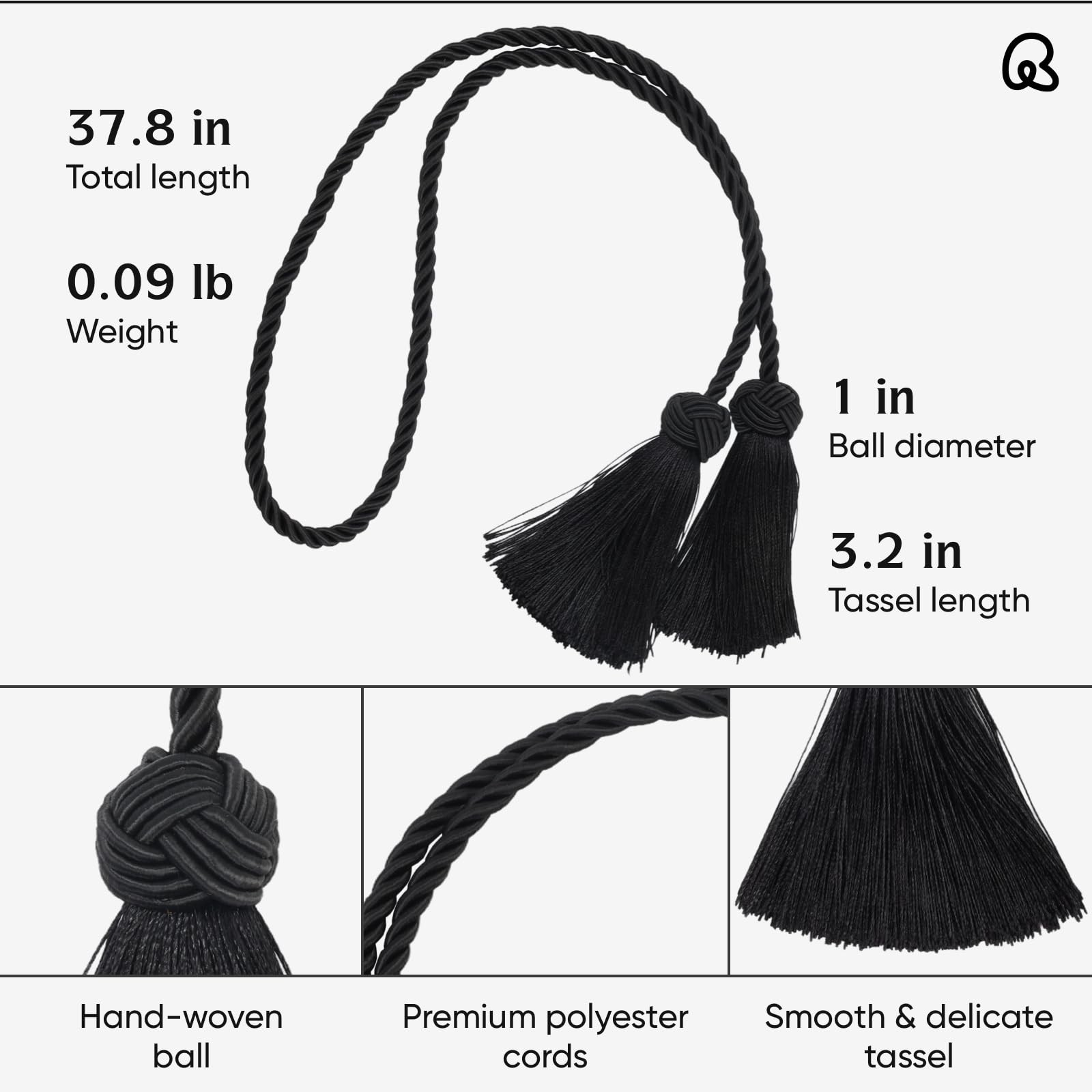 2 Pack Curtain Tiebacks Curtains Tie Back with Tassels- 2 Pack, Black