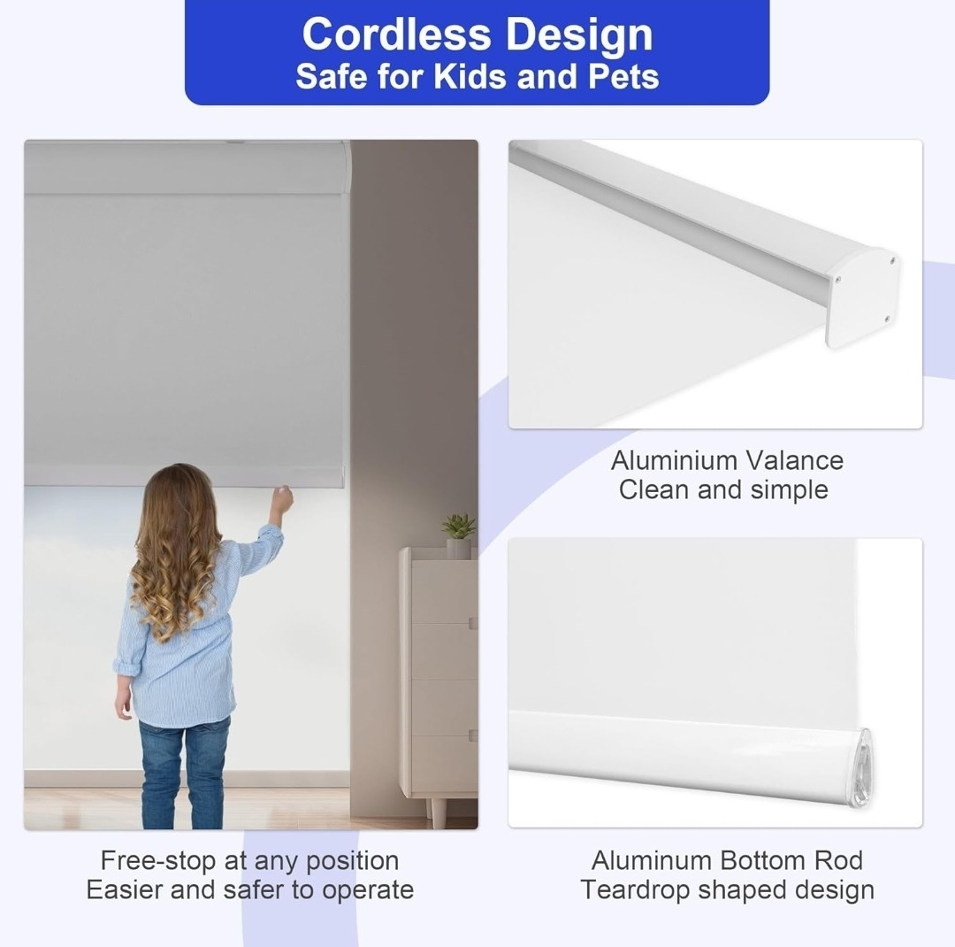 Allesin 100% Blackout Cordless Roller Shades for Windows. 46w X 72h White