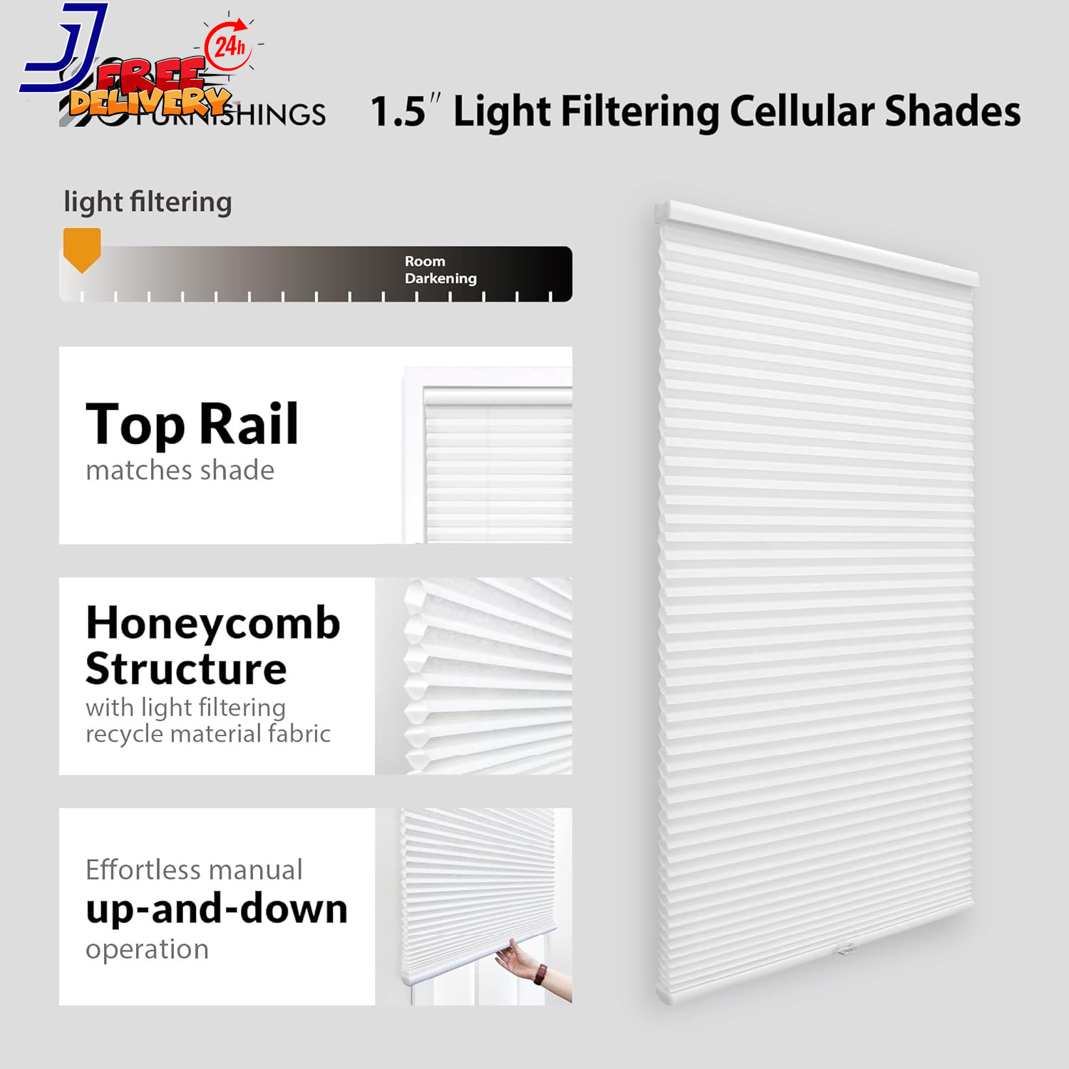 Cordless 1.5″ Light Filtering Cellular Shade, 71″ W X 48″ H, White