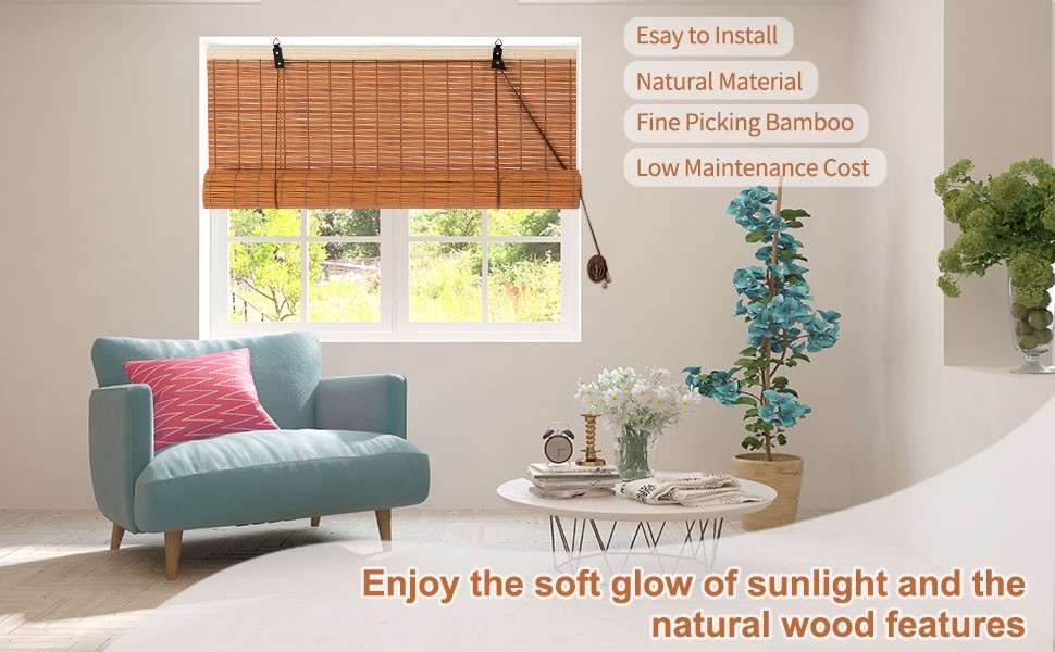 Bamboo Roll Up Shades 60″ W x 72″ L, Artisan-Crafted Light Filtering Blinds,