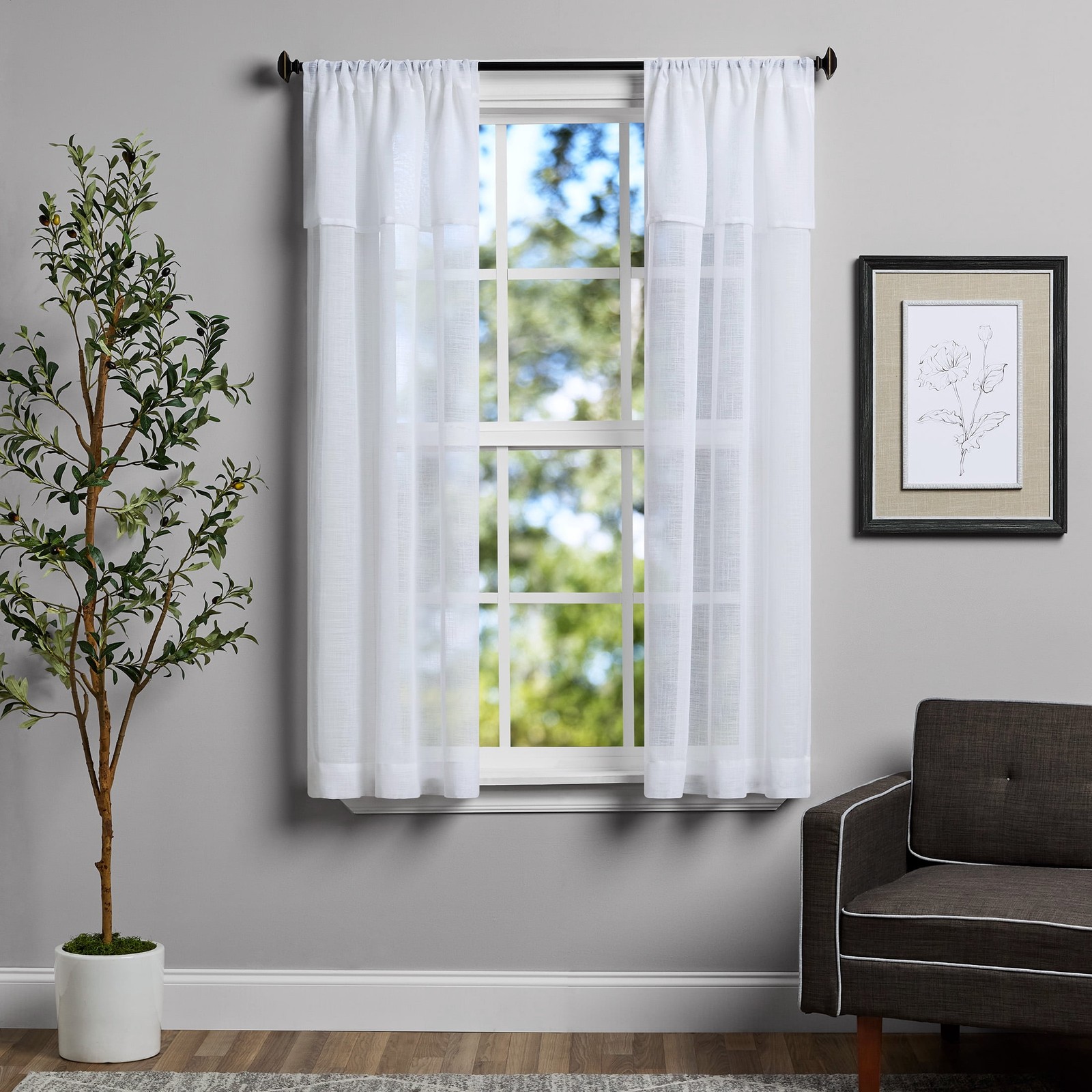 Sheer Curtain Panel Pair W/ Attached Valance Set of 2 White 37″W x 84″L