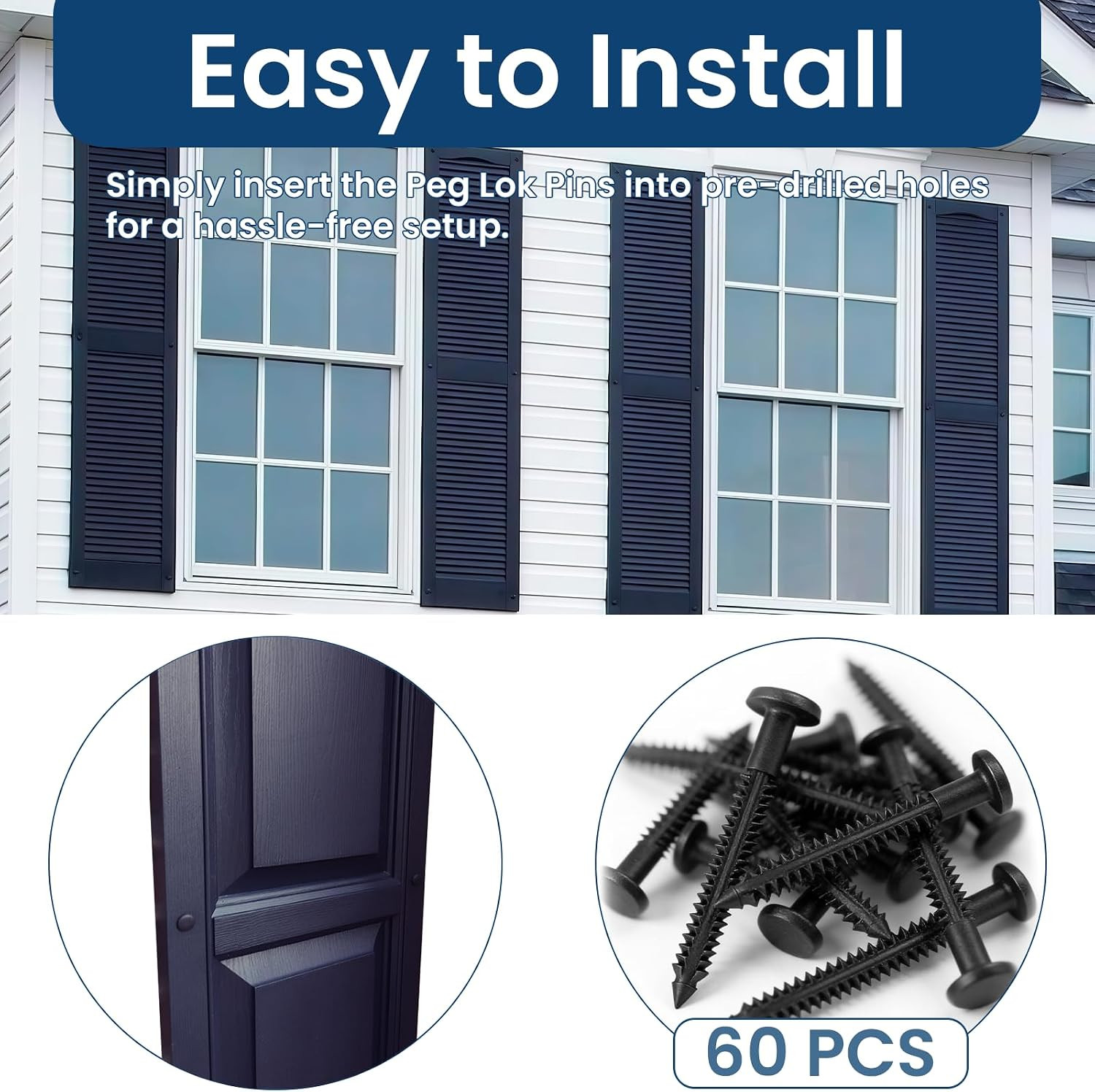 60 Pcs 3 Inch Vinyl Shutter Fasteners Heavy-Duty Shutter Loks for Exterior Decor
