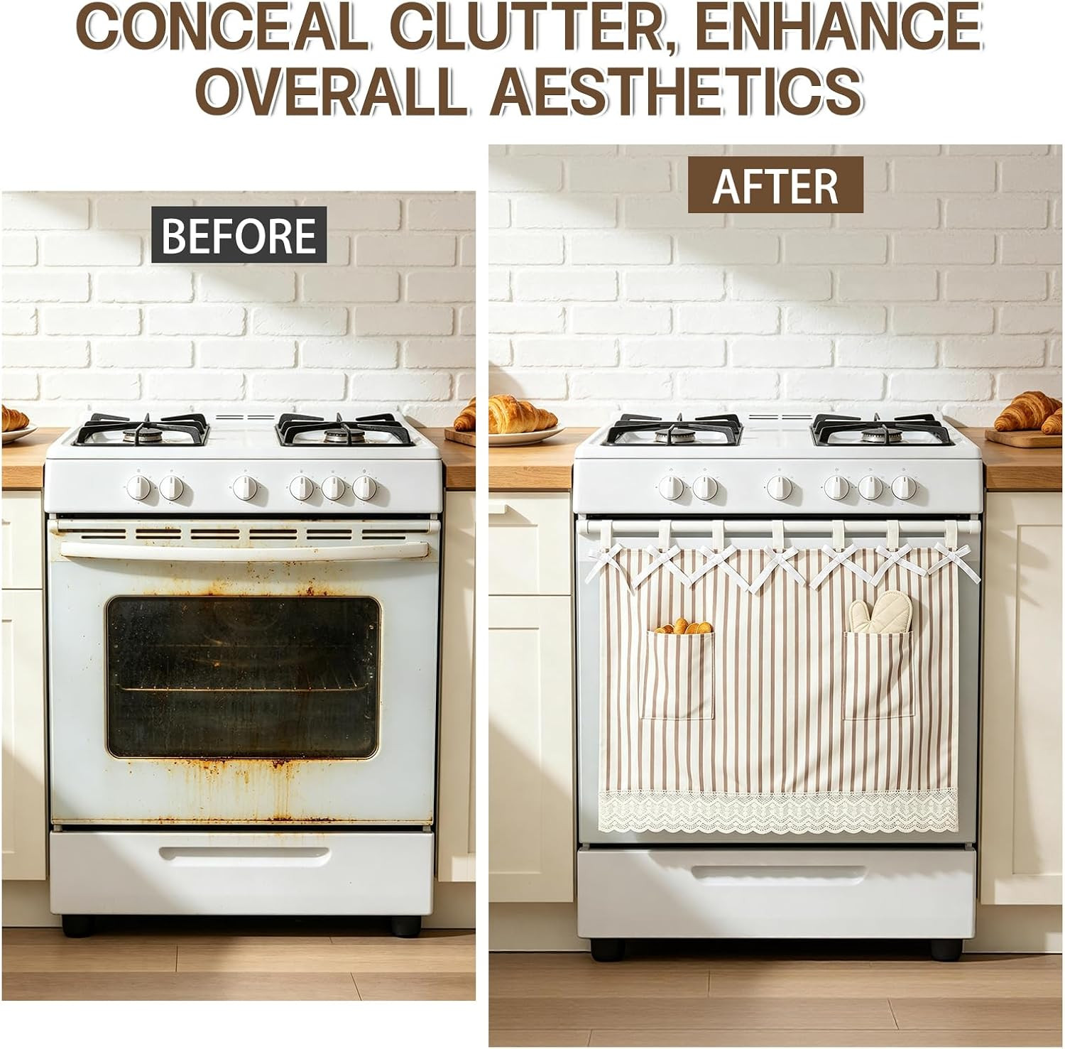 Oven Curtain Skirt – Hook and Loop Straps Stove Curtain with Pockets Stripe Oven