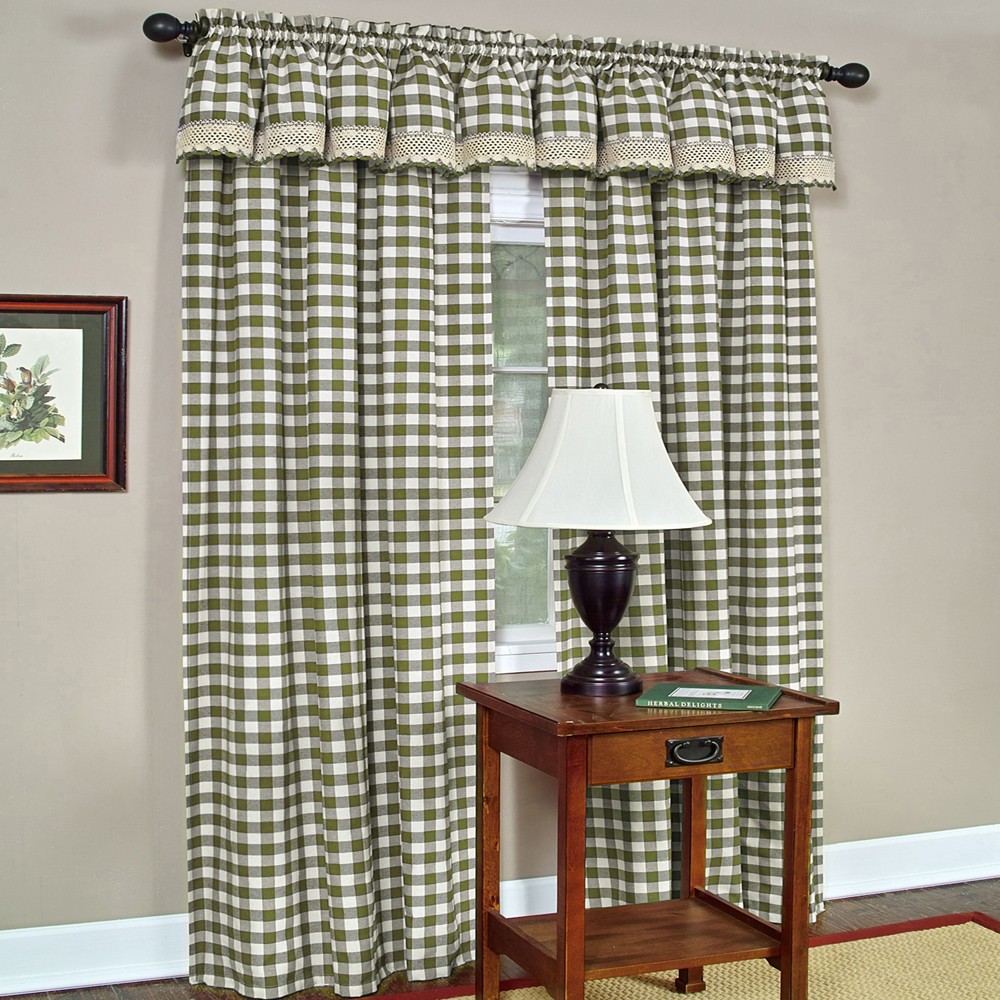 Sage Checkered Plaid Gingham Kitchen Window Curtain Drapes Panel Valance Shade