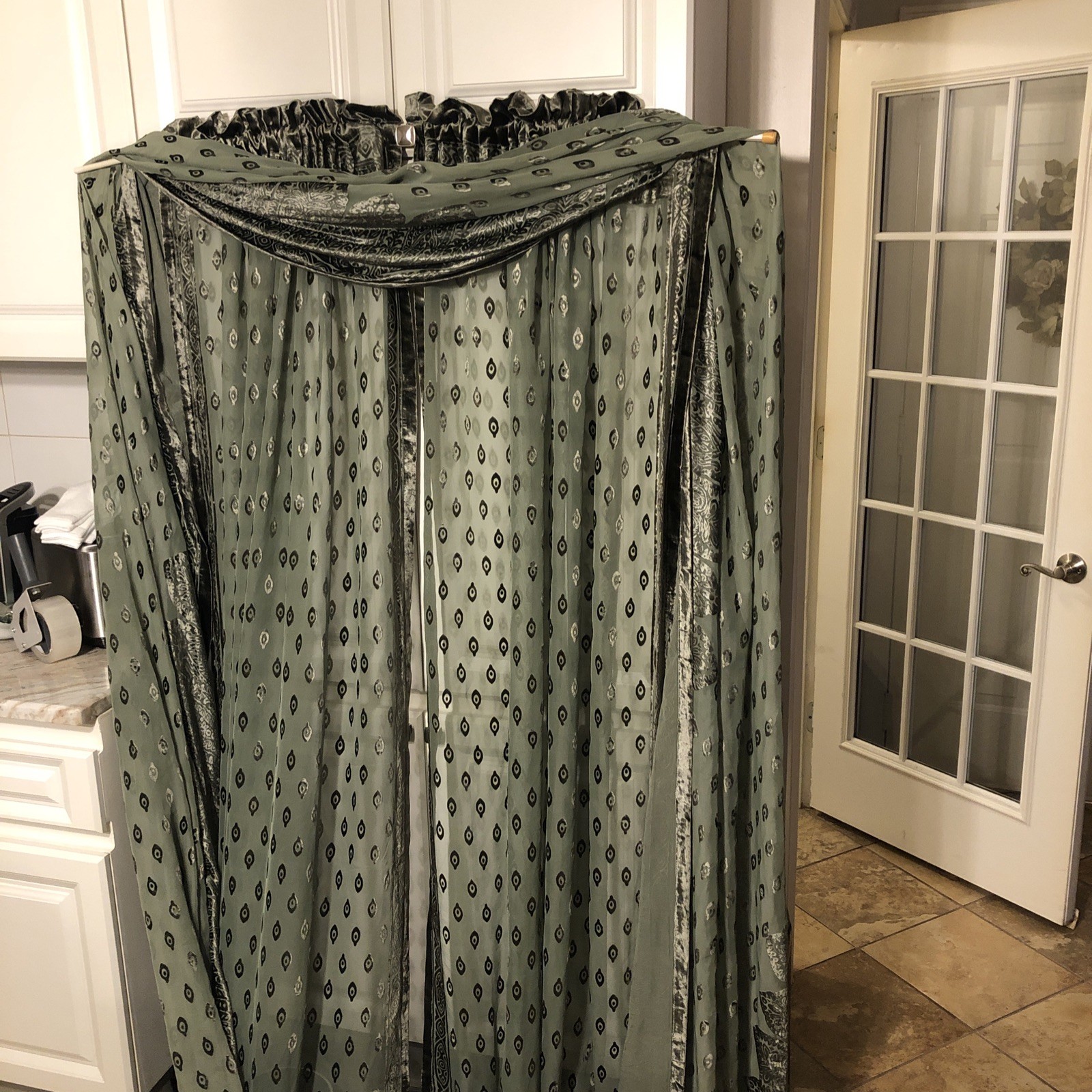 3 Piece Moss Green Semi Sheer Velvet Window Curtain Set -Diamond Pattern