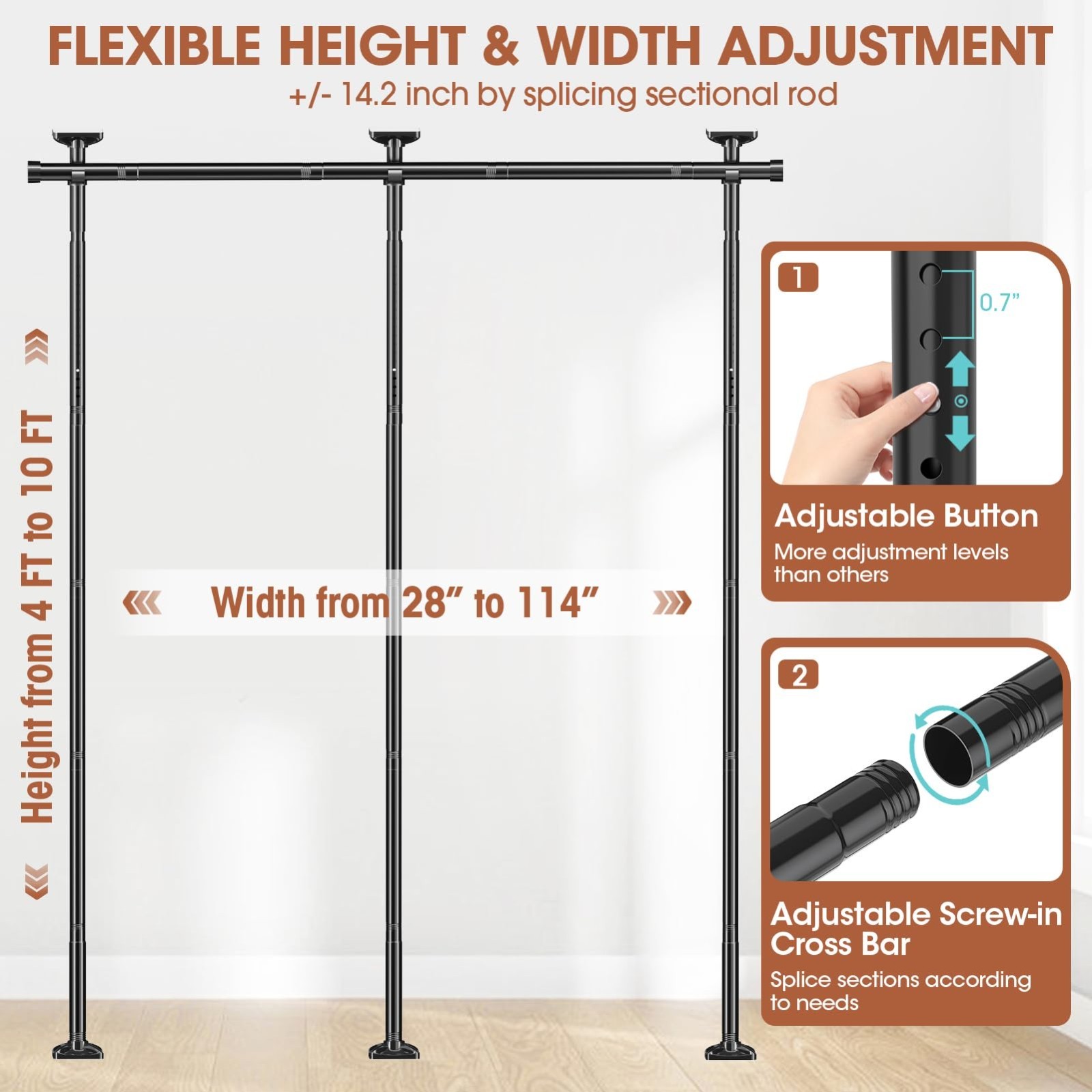 Adjustable Room Divider Curtain Rod – No Drill Wall Separator, 4-10ft Height, 28