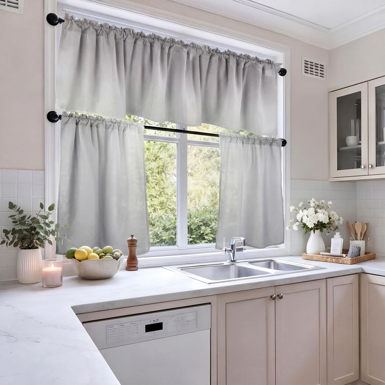 CrystalSylara Kitchen Curtain Sets with Valance 36 Inch Kitchen Curtains 3 Pi…