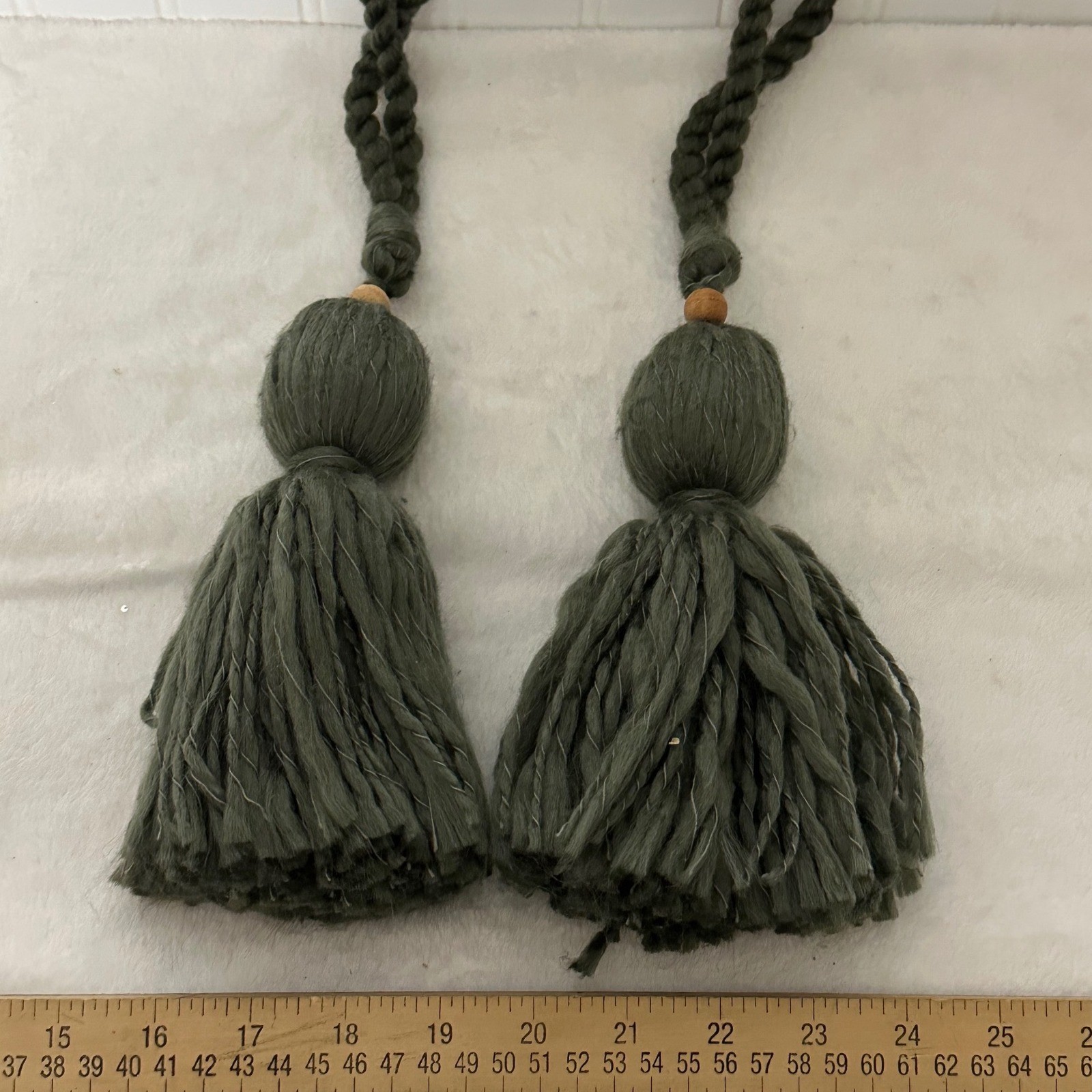 Unbranded Tassel Curtain Tiebacks Set 2 Olive Green Excellent Boho Wood macrame