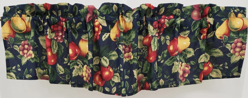 VINTAGE Sonoma Classic Fruit Print Curtain Navy Blue Background Valance or Tiers