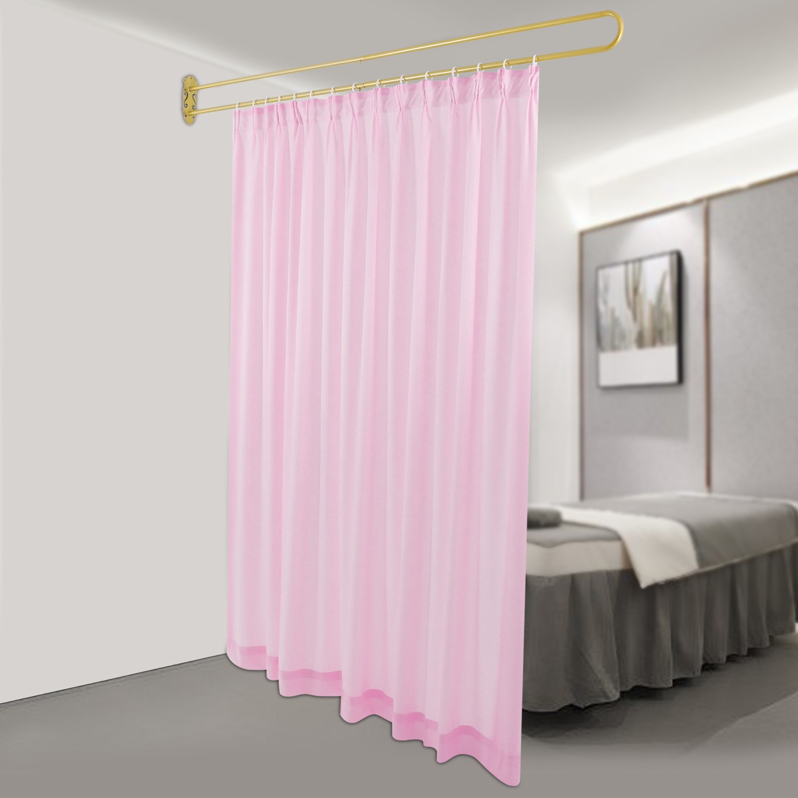 Privacy Partition Curtain Metal Support Wall Mounted U-Shape Room Divider 2M