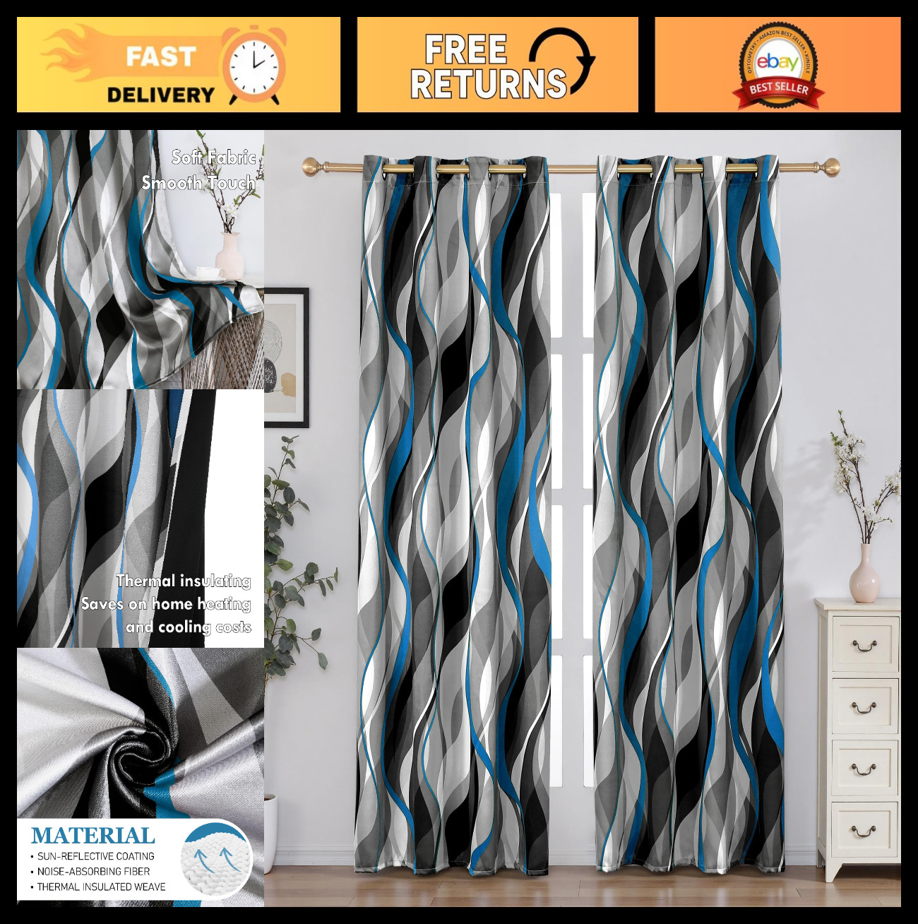 Modern Striped Blackout Curtains 100% Light Blocking Grommet 2 Panels Set 52×84