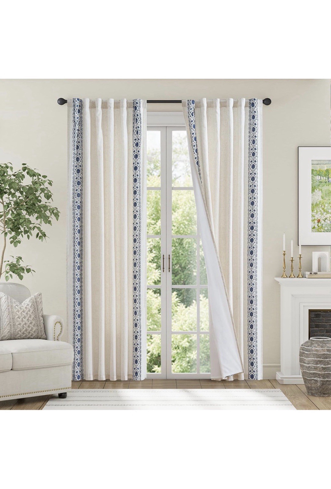 Floral Linen Curtains w Lining Back Tab 50x84in 2 Panels Blue Light filtering