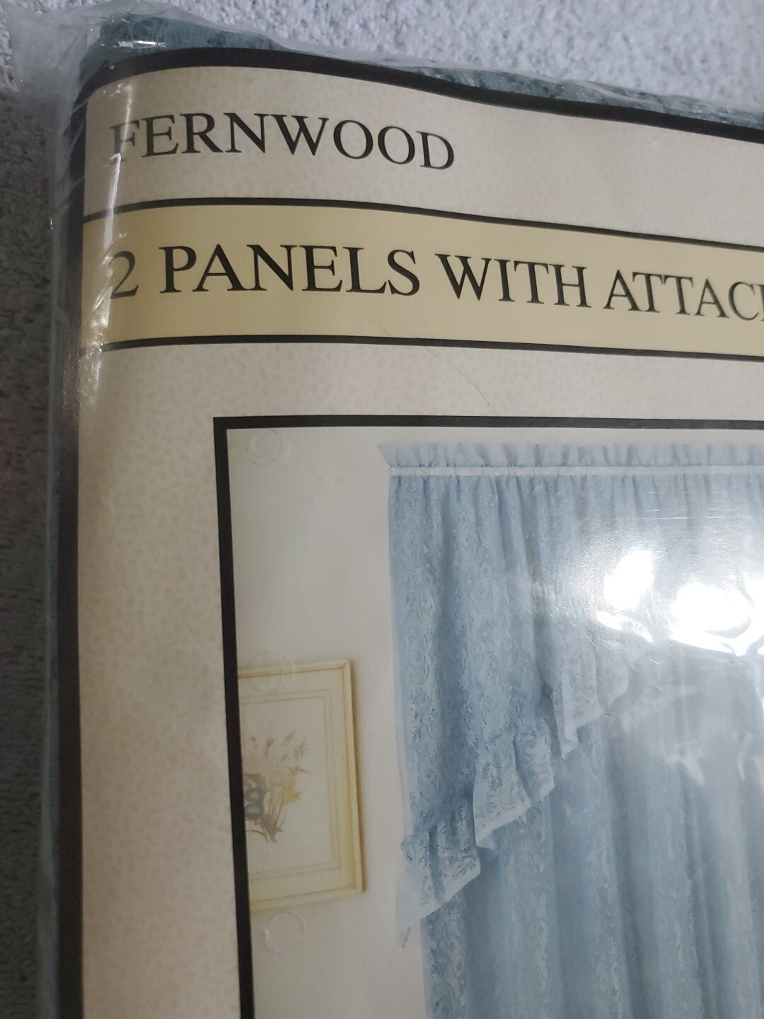 VINTAGE Fernwood Chambray Lace Window Curtain 2 Panels with attached swags NoS